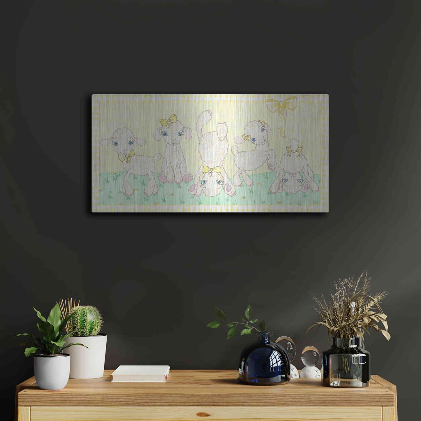 Luxe Metal Art 'Baby Shower Yellow Lambs' by Elyse DeNeige, Metal Wall Art,24x12