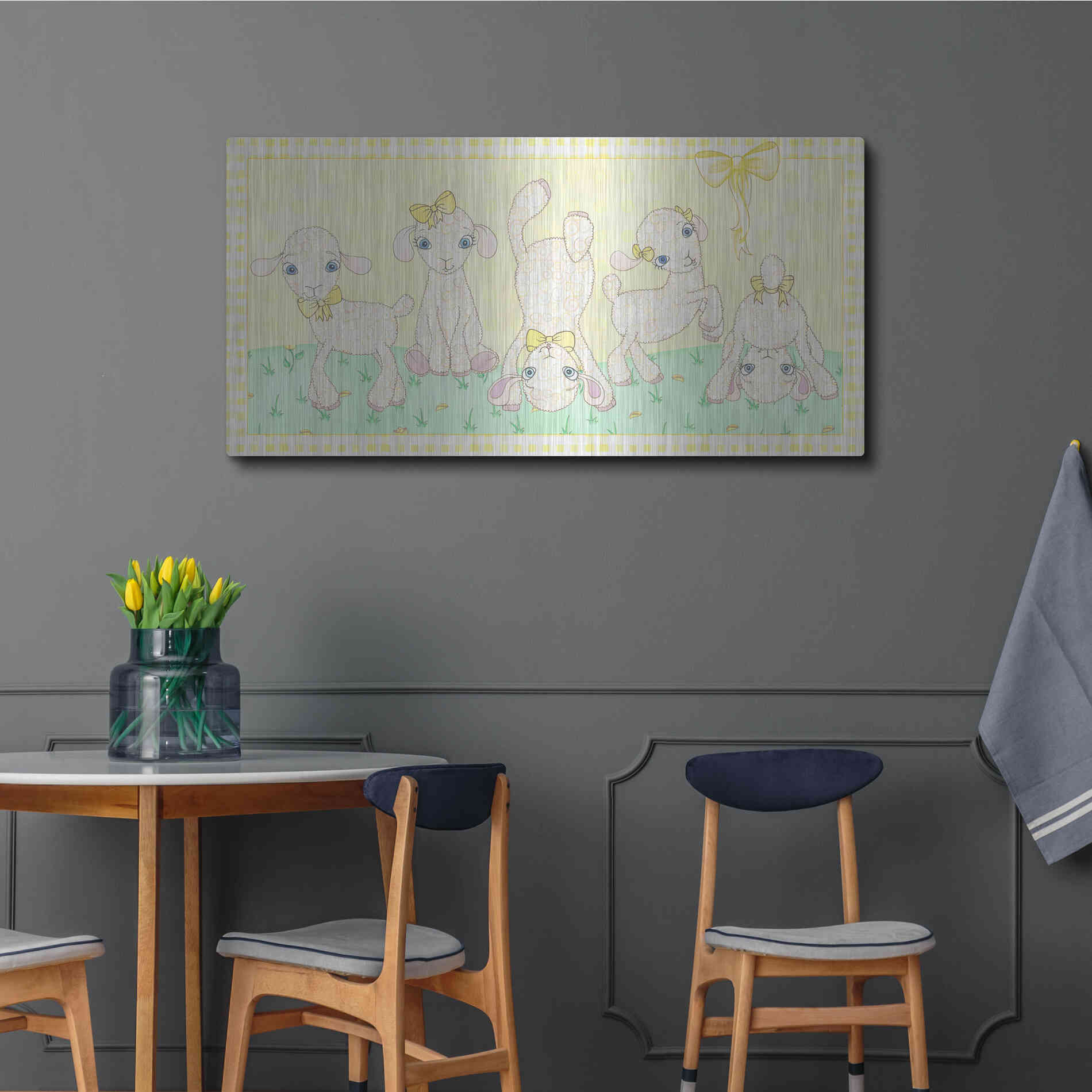 Luxe Metal Art 'Baby Shower Yellow Lambs' by Elyse DeNeige, Metal Wall Art,48x24