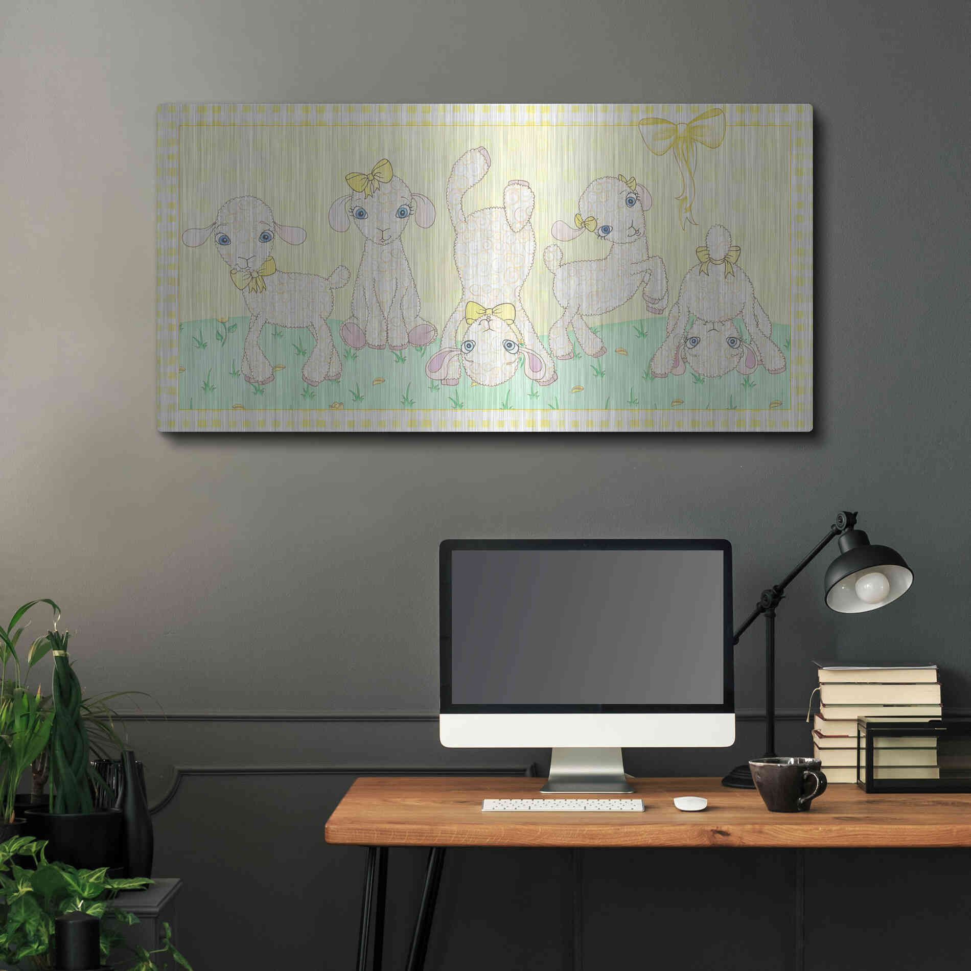 Luxe Metal Art 'Baby Shower Yellow Lambs' by Elyse DeNeige, Metal Wall Art,48x24