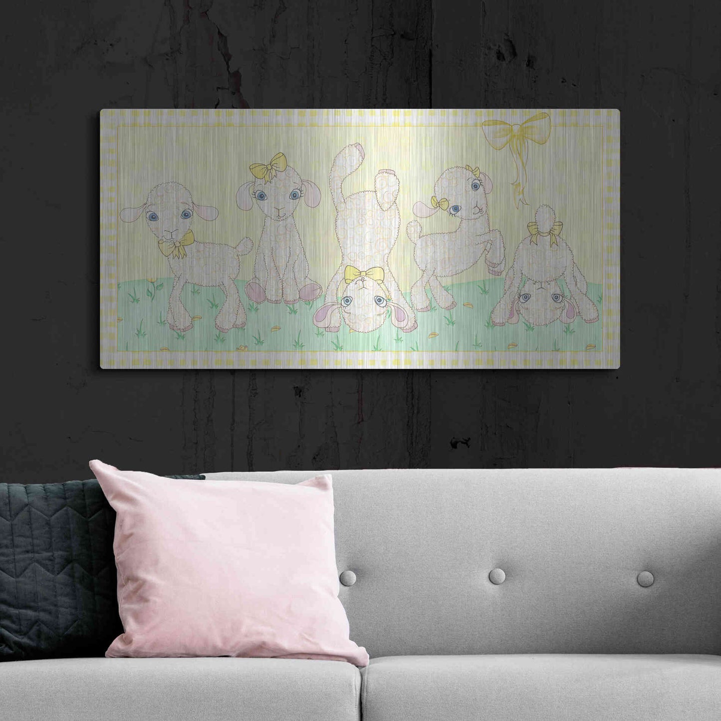 Luxe Metal Art 'Baby Shower Yellow Lambs' by Elyse DeNeige, Metal Wall Art,48x24