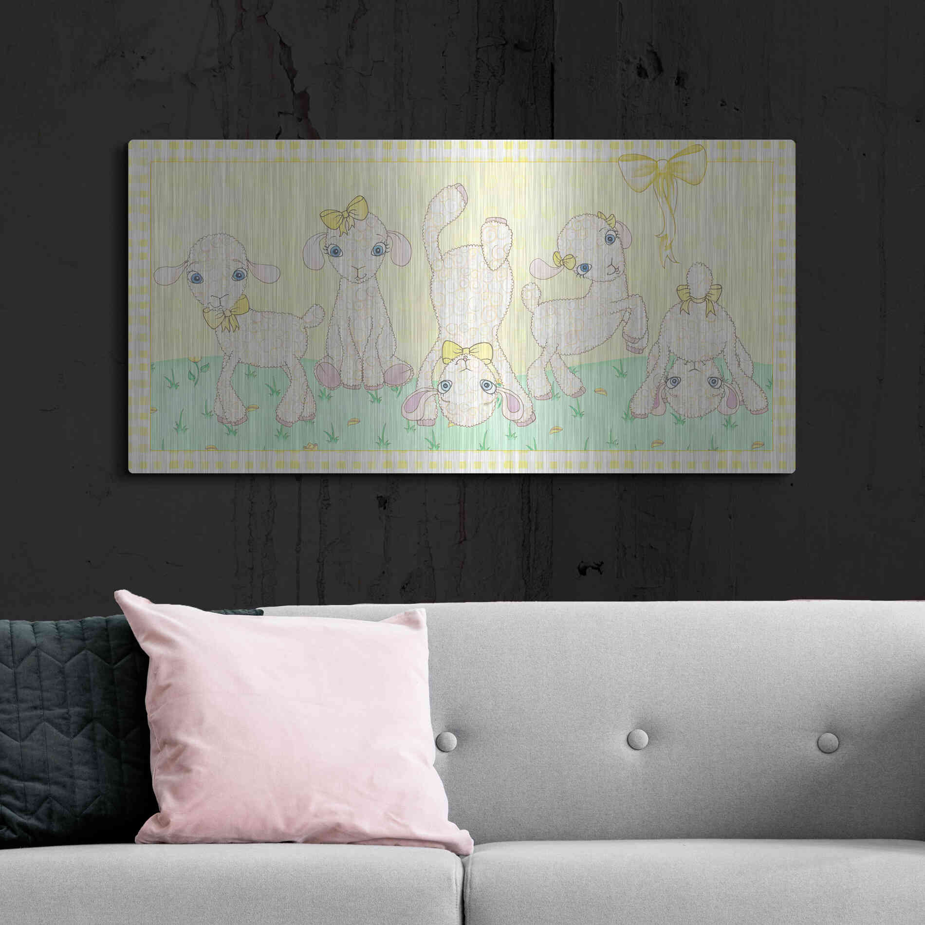 Luxe Metal Art 'Baby Shower Yellow Lambs' by Elyse DeNeige, Metal Wall Art,48x24