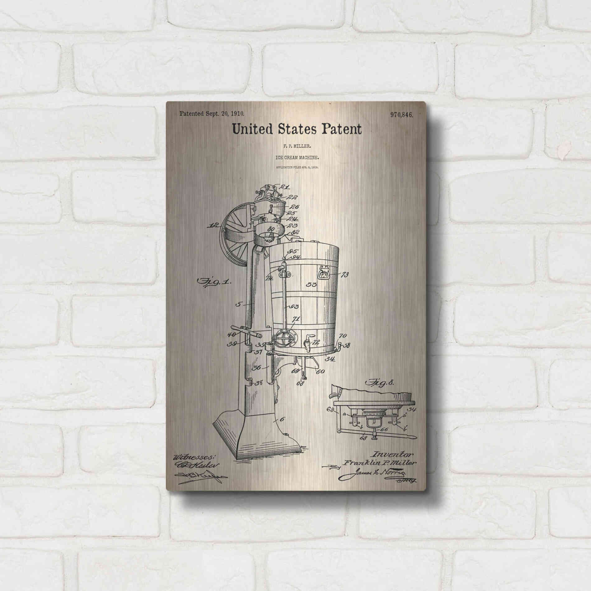 Luxe Metal Art 'Ice Cream Machine Blueprint Patent Parchment,' Metal Wall Art,12x16