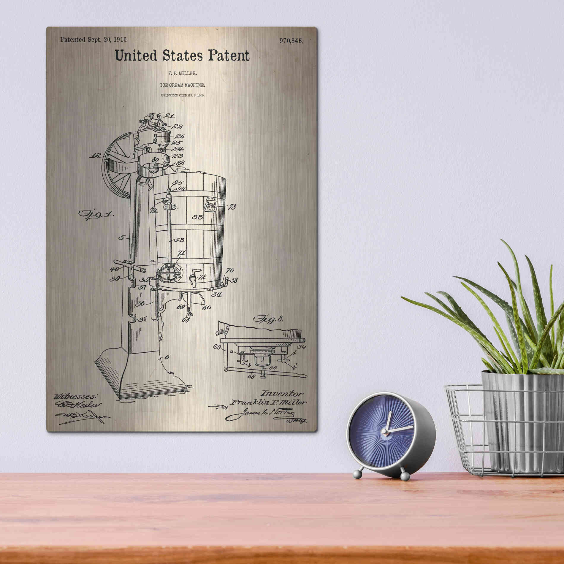 Luxe Metal Art 'Ice Cream Machine Blueprint Patent Parchment,' Metal Wall Art,12x16