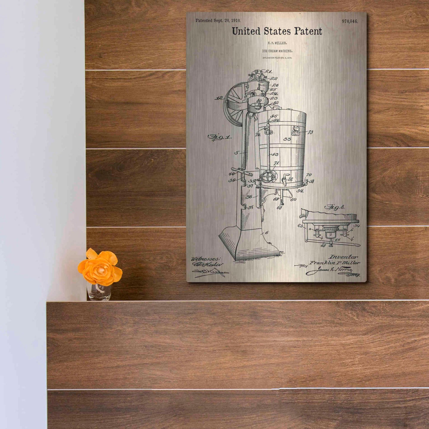 Luxe Metal Art 'Ice Cream Machine Blueprint Patent Parchment,' Metal Wall Art,12x16