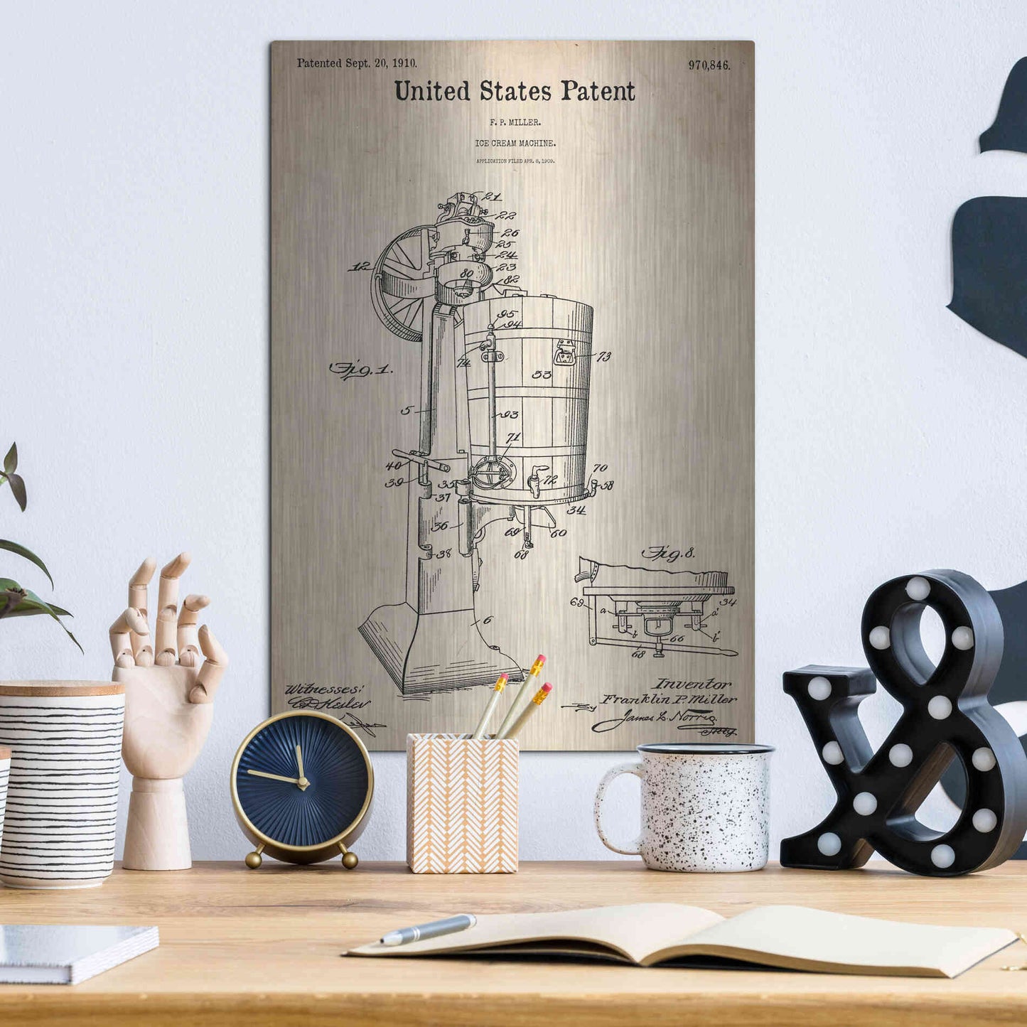 Luxe Metal Art 'Ice Cream Machine Blueprint Patent Parchment,' Metal Wall Art,12x16