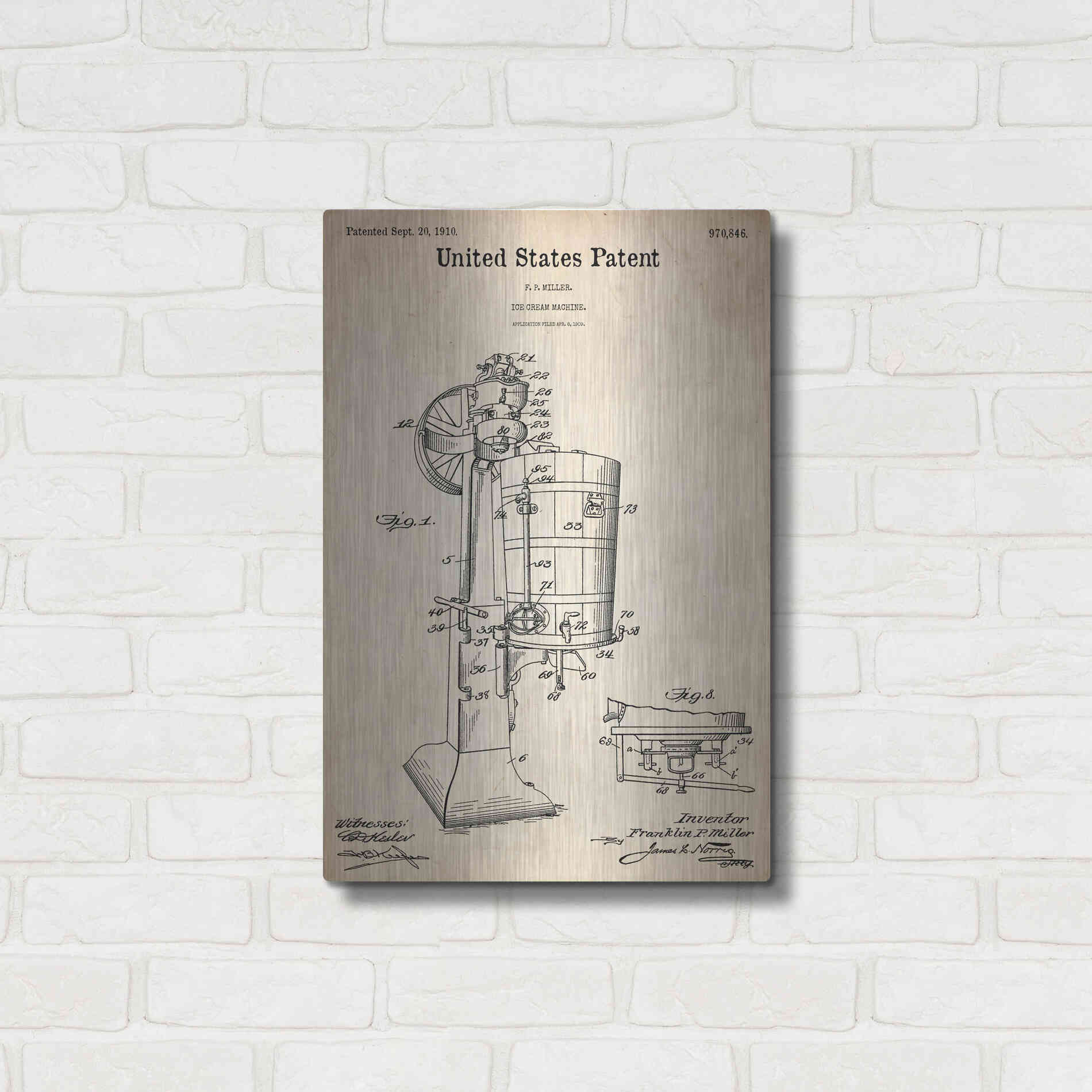 Luxe Metal Art 'Ice Cream Machine Blueprint Patent Parchment,' Metal Wall Art,16x24