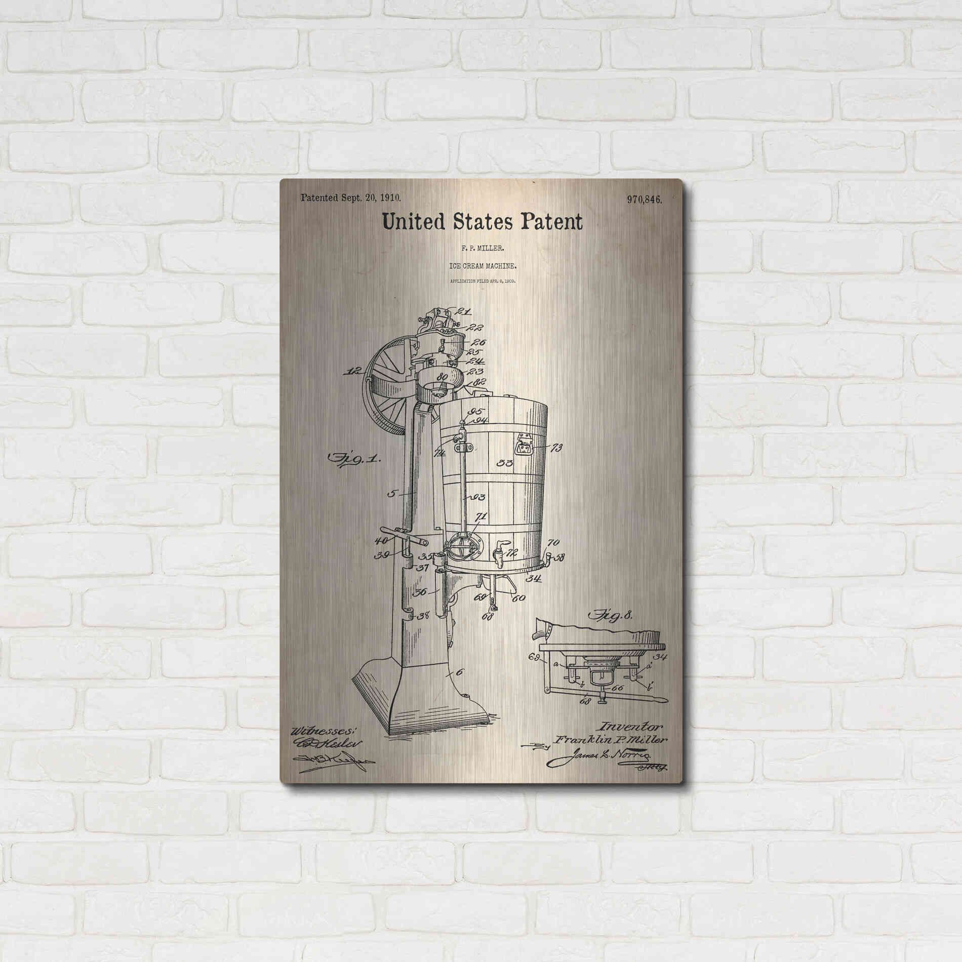 Luxe Metal Art 'Ice Cream Machine Blueprint Patent Parchment,' Metal Wall Art,24x36