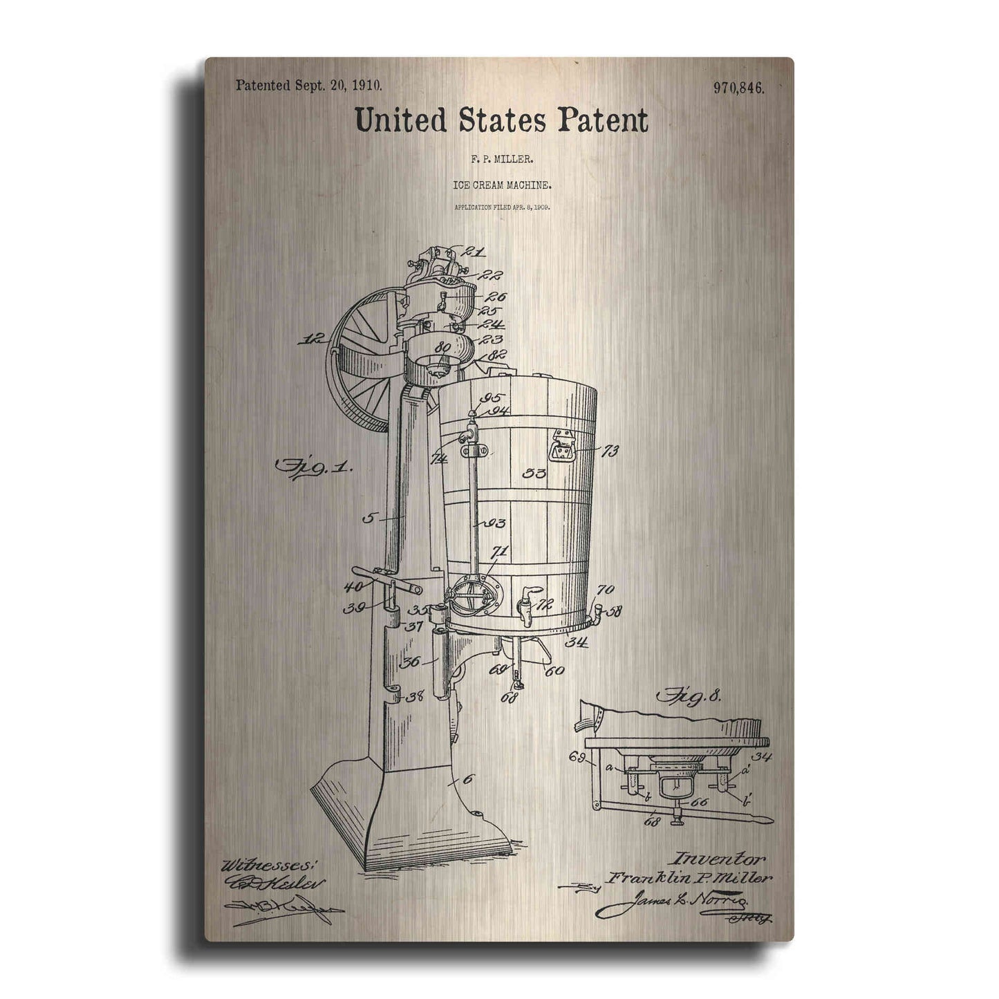 Luxe Metal Art 'Ice Cream Machine Blueprint Patent Parchment,' Metal Wall Art