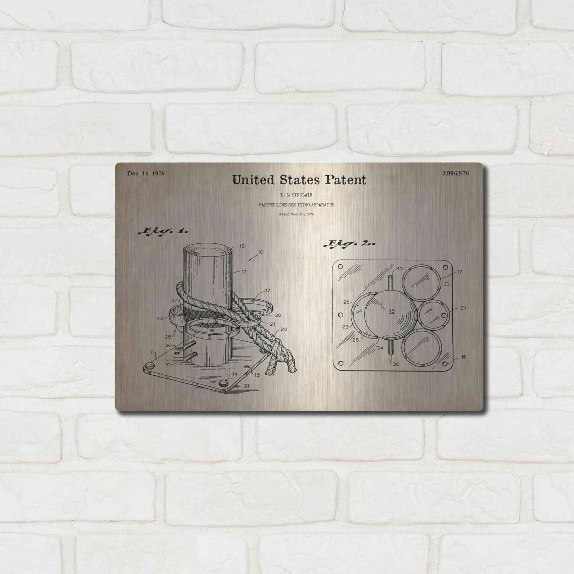 Luxe Metal Art 'Marine Line Secure Device Blueprint Patent Parchment,' Metal Wall Art,16x12
