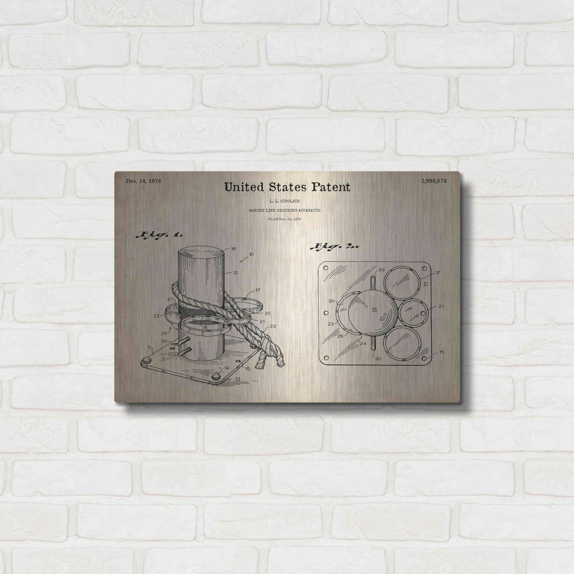 Luxe Metal Art 'Marine Line Secure Device Blueprint Patent Parchment,' Metal Wall Art,24x16