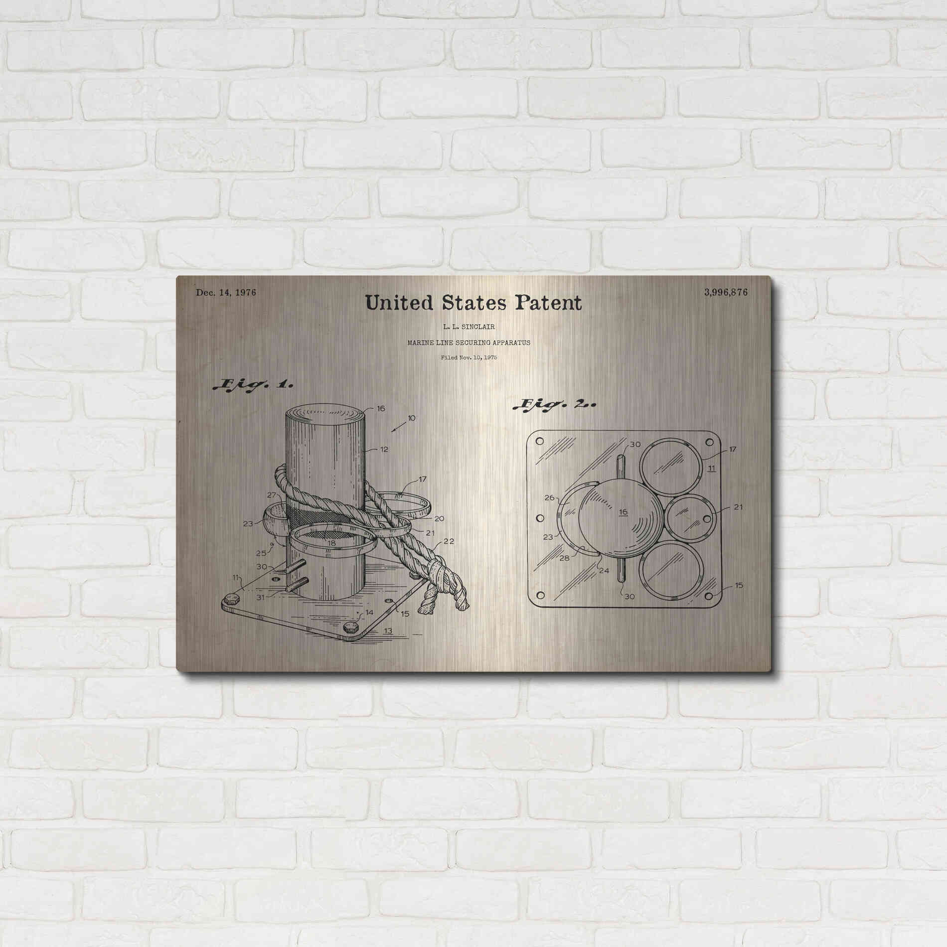 Luxe Metal Art 'Marine Line Secure Device Blueprint Patent Parchment,' Metal Wall Art,36x24