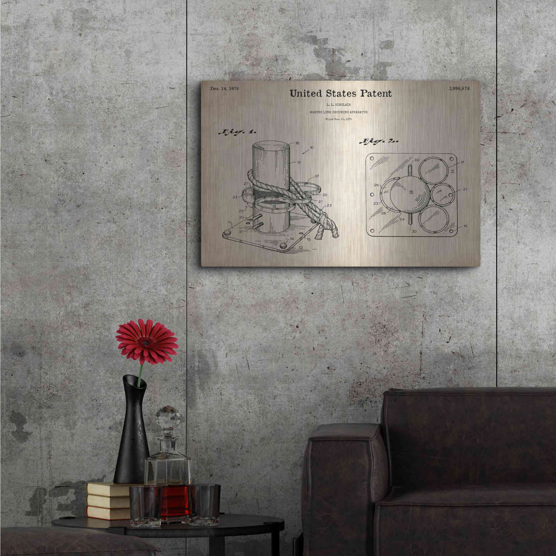 Luxe Metal Art 'Marine Line Secure Device Blueprint Patent Parchment,' Metal Wall Art,36x24
