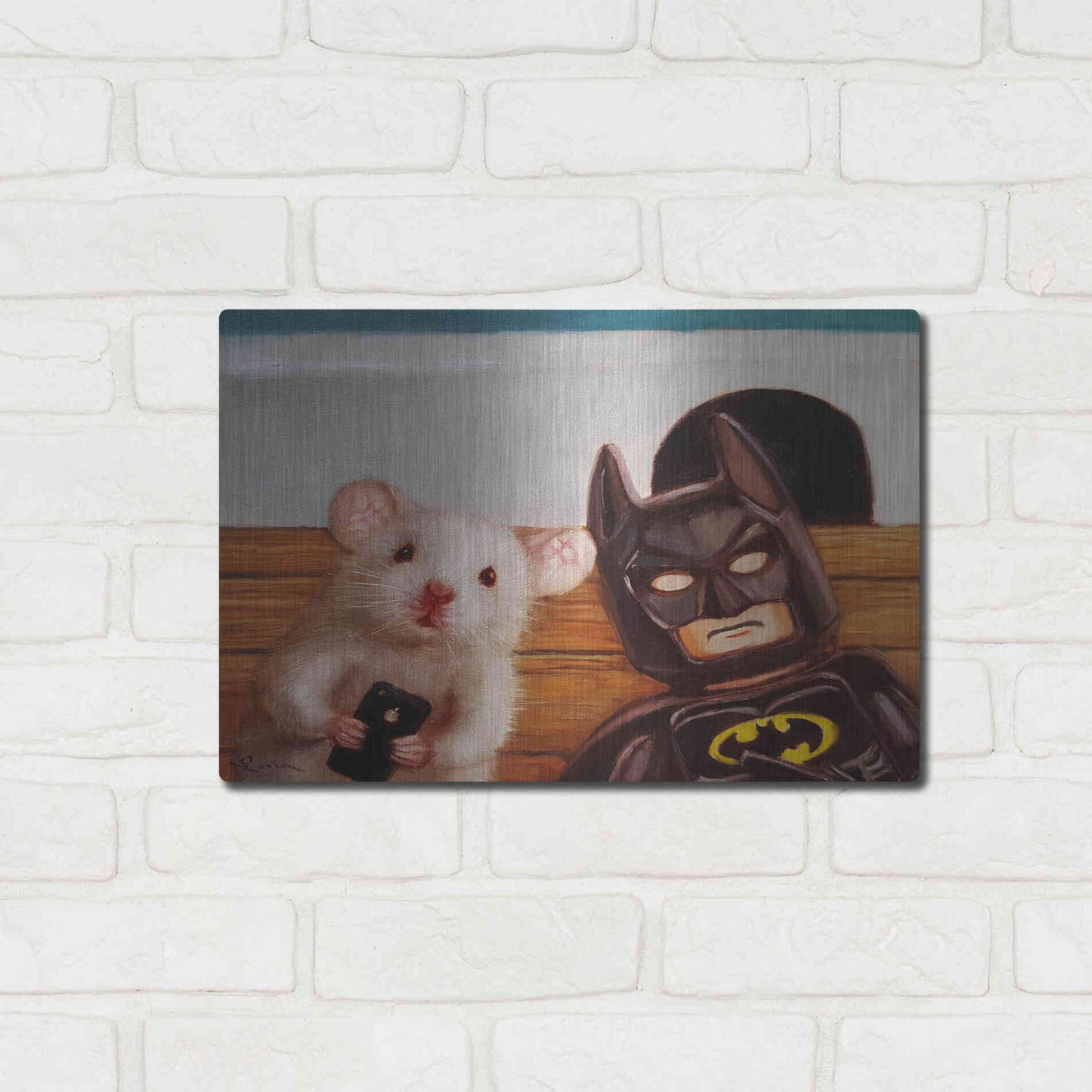 Luxe Metal Art 'Selfie with Batman' by Lucia Heffernan, Metal Wall Art,16x12