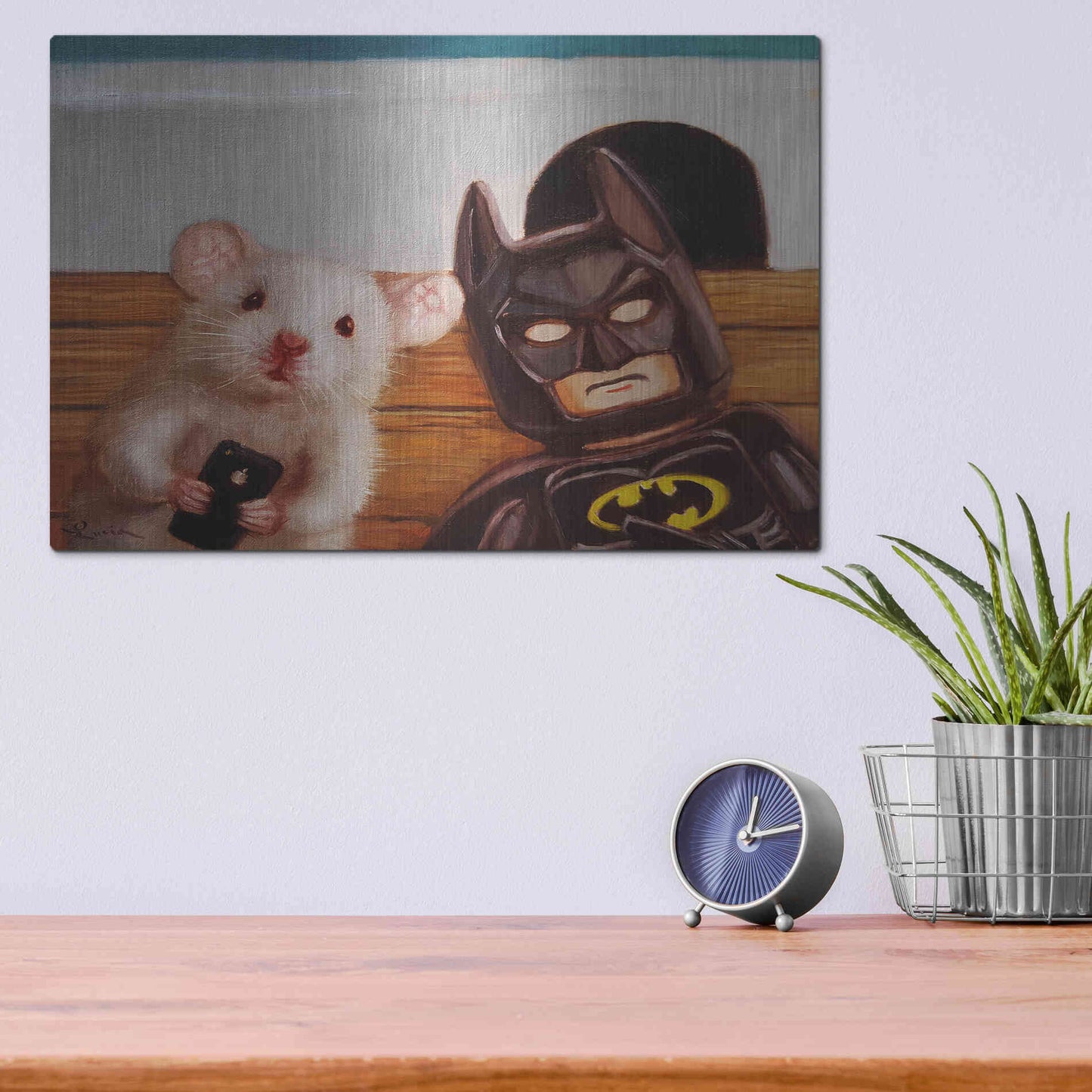 Luxe Metal Art 'Selfie with Batman' by Lucia Heffernan, Metal Wall Art,16x12