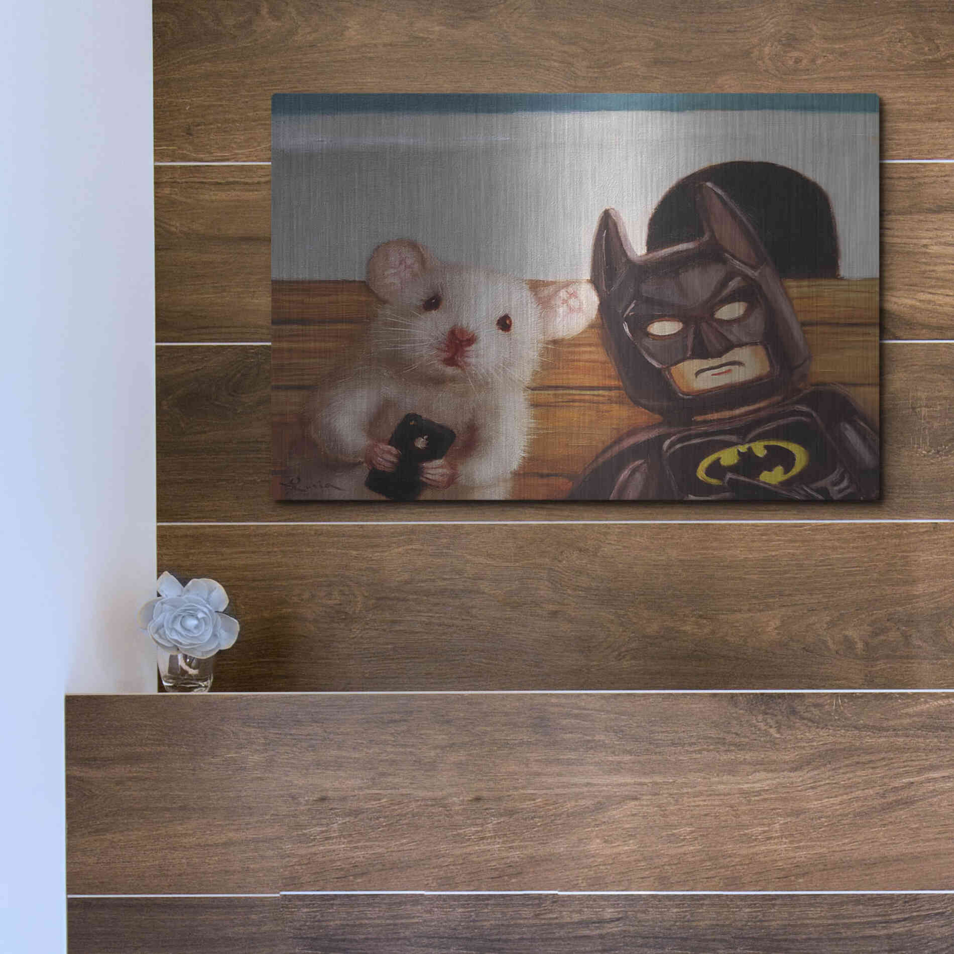 Luxe Metal Art 'Selfie with Batman' by Lucia Heffernan, Metal Wall Art,16x12