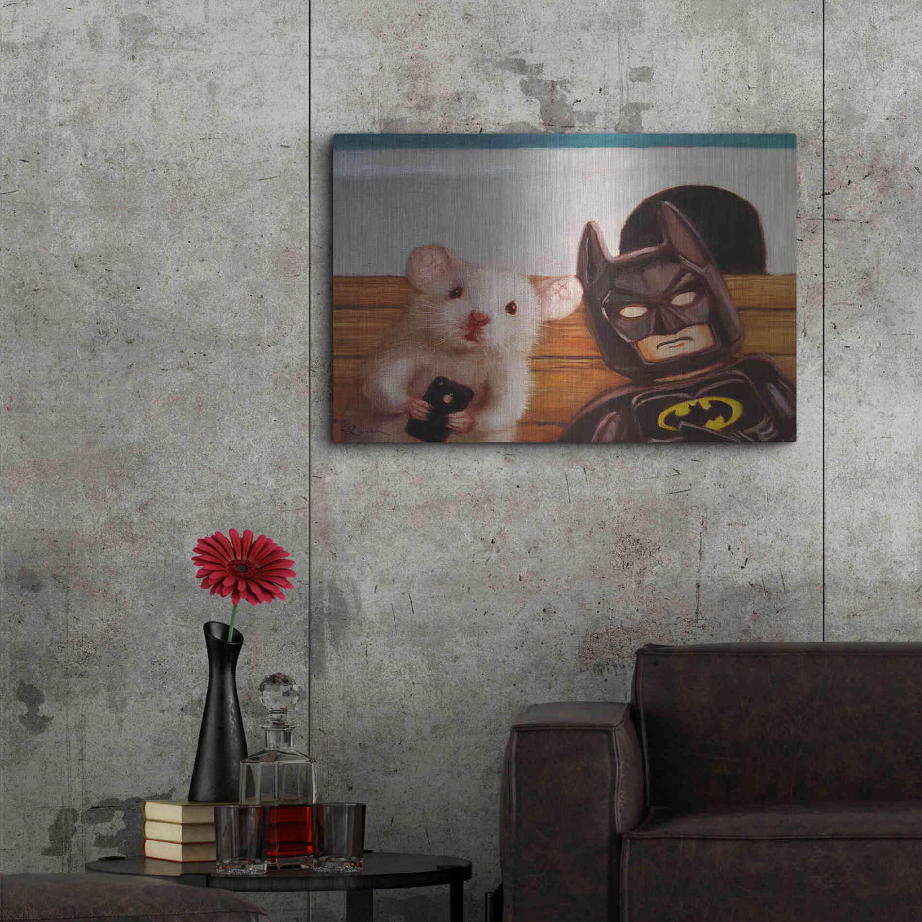 Luxe Metal Art 'Selfie with Batman' by Lucia Heffernan, Metal Wall Art,36x24