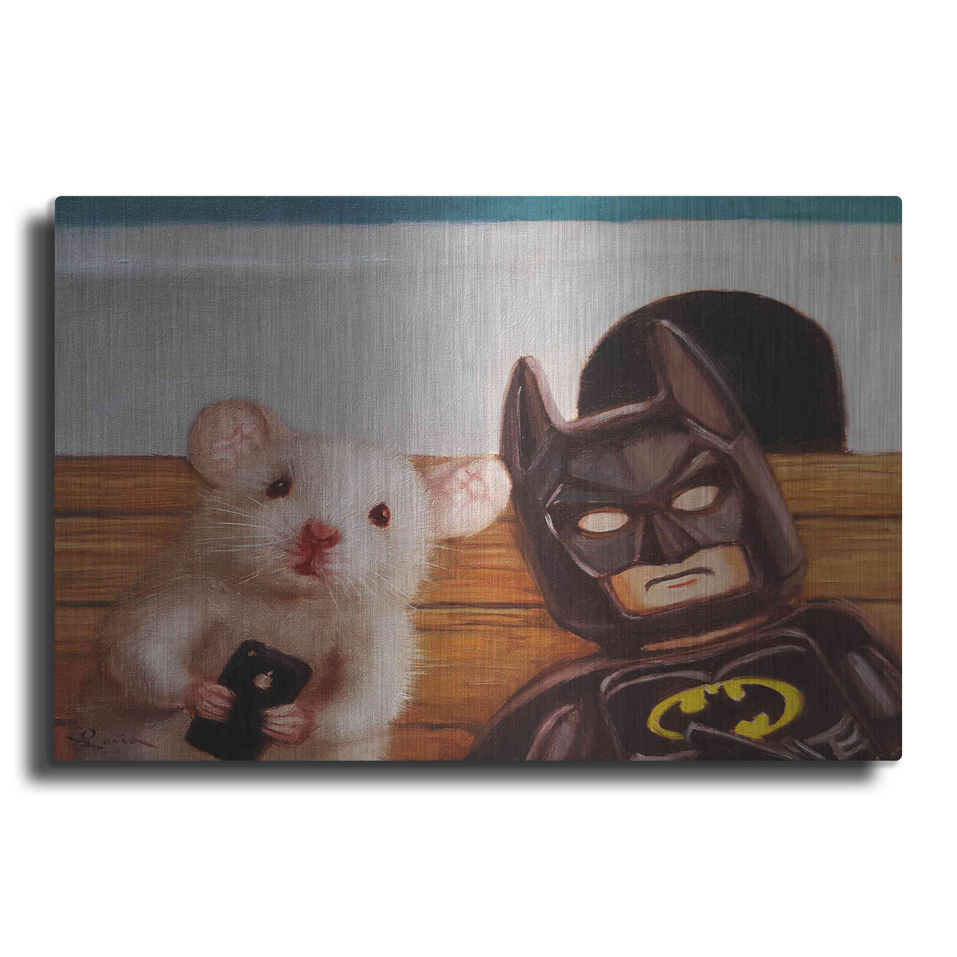Luxe Metal Art 'Selfie with Batman' by Lucia Heffernan, Metal Wall Art