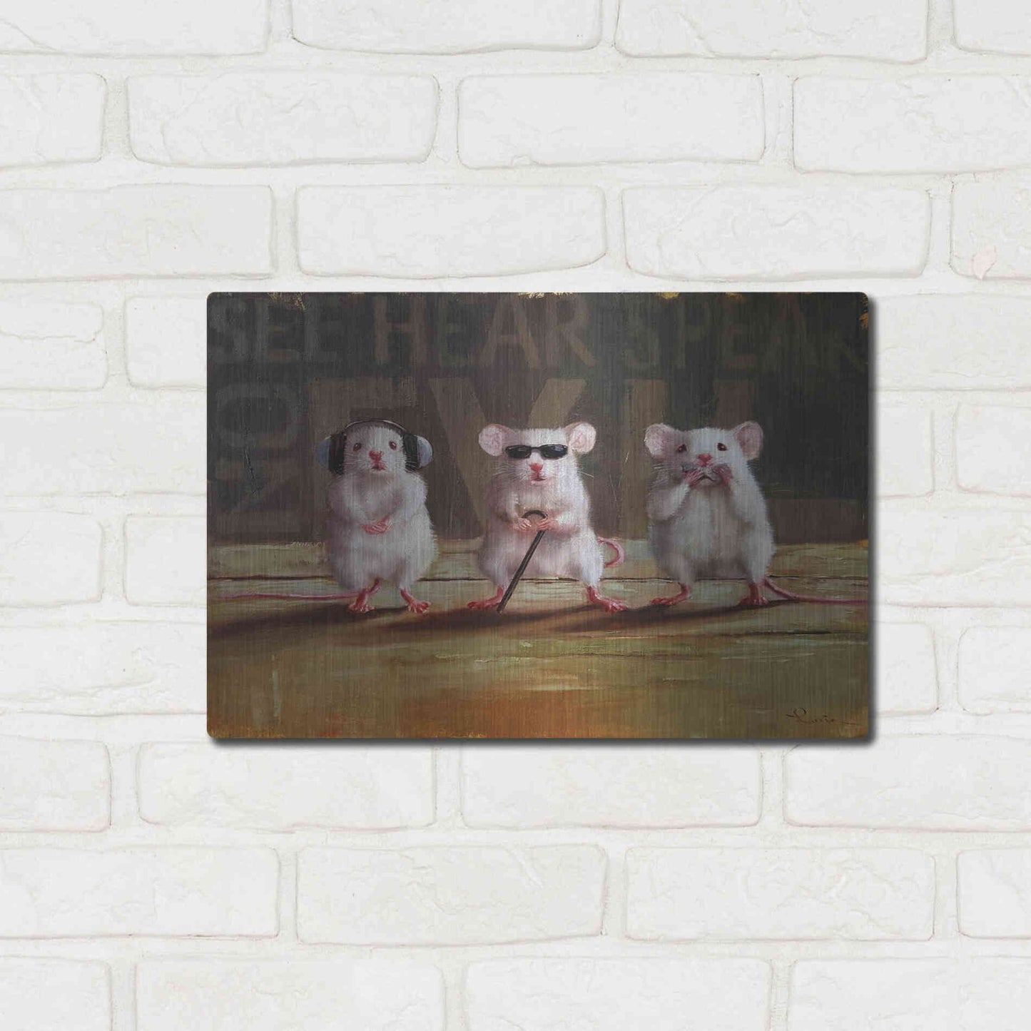 Luxe Metal Art 'Three Wise Mice' by Lucia Heffernan, Metal Wall Art,16x12