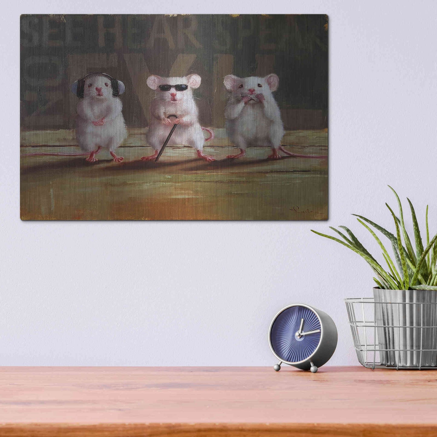 Luxe Metal Art 'Three Wise Mice' by Lucia Heffernan, Metal Wall Art,16x12