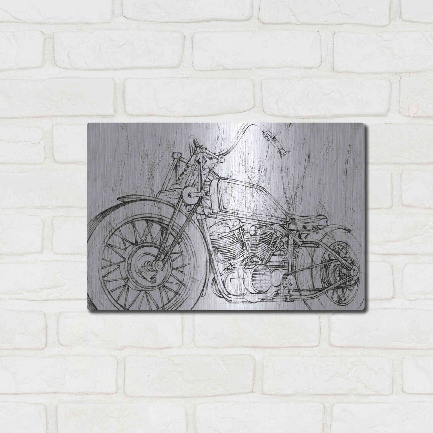 Luxe Metal Art 'Inverted Motorcycle Mechanical Sketch II' by Ethan Harper, Metal Wall Art,16x12