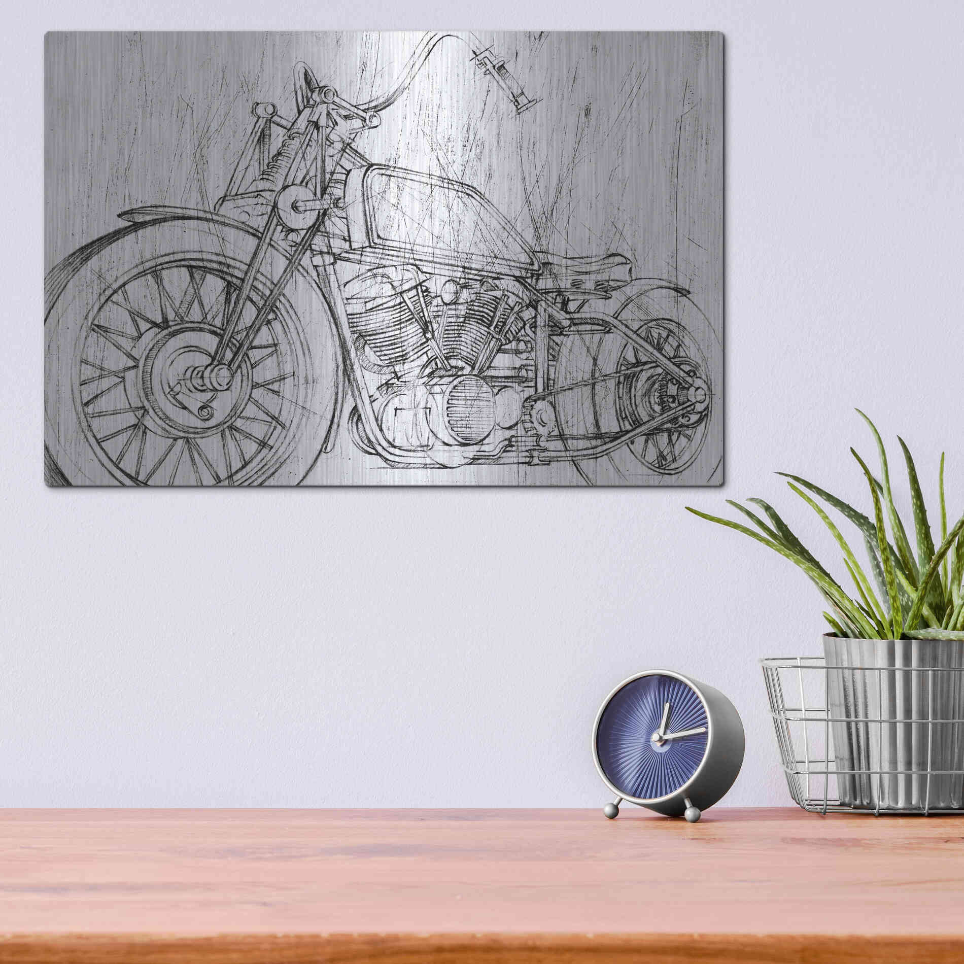Luxe Metal Art 'Inverted Motorcycle Mechanical Sketch II' by Ethan Harper, Metal Wall Art,16x12