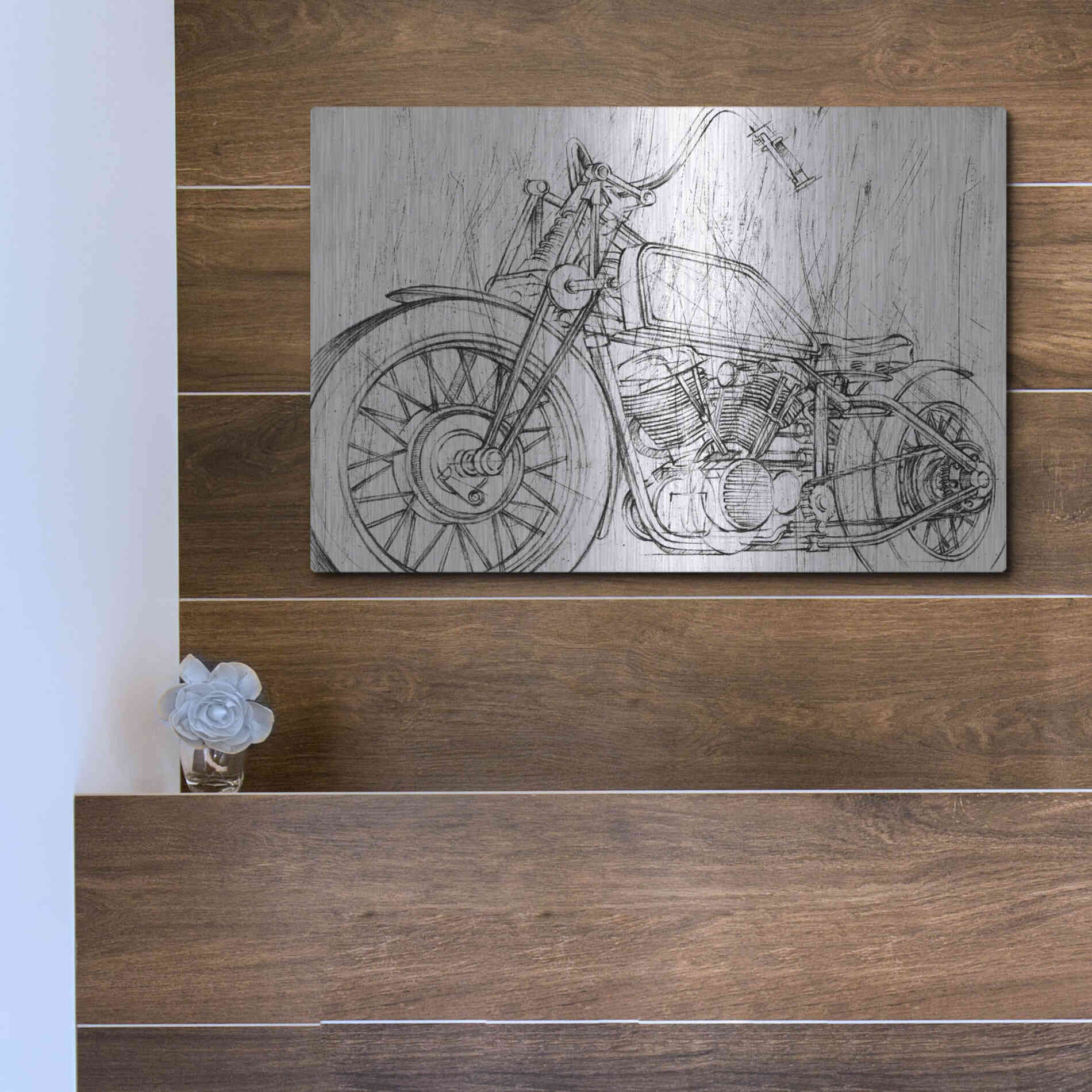 Luxe Metal Art 'Inverted Motorcycle Mechanical Sketch II' by Ethan Harper, Metal Wall Art,16x12