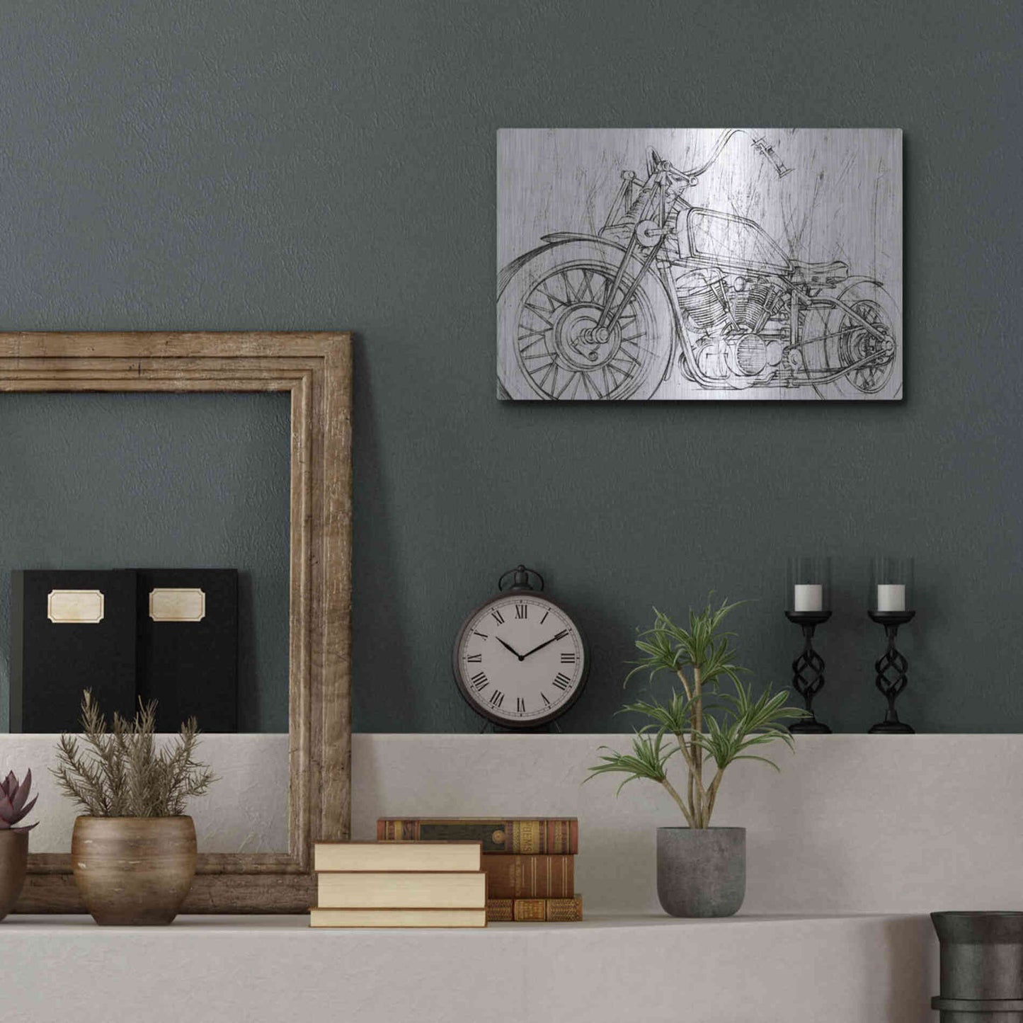 Luxe Metal Art 'Inverted Motorcycle Mechanical Sketch II' by Ethan Harper, Metal Wall Art,16x12