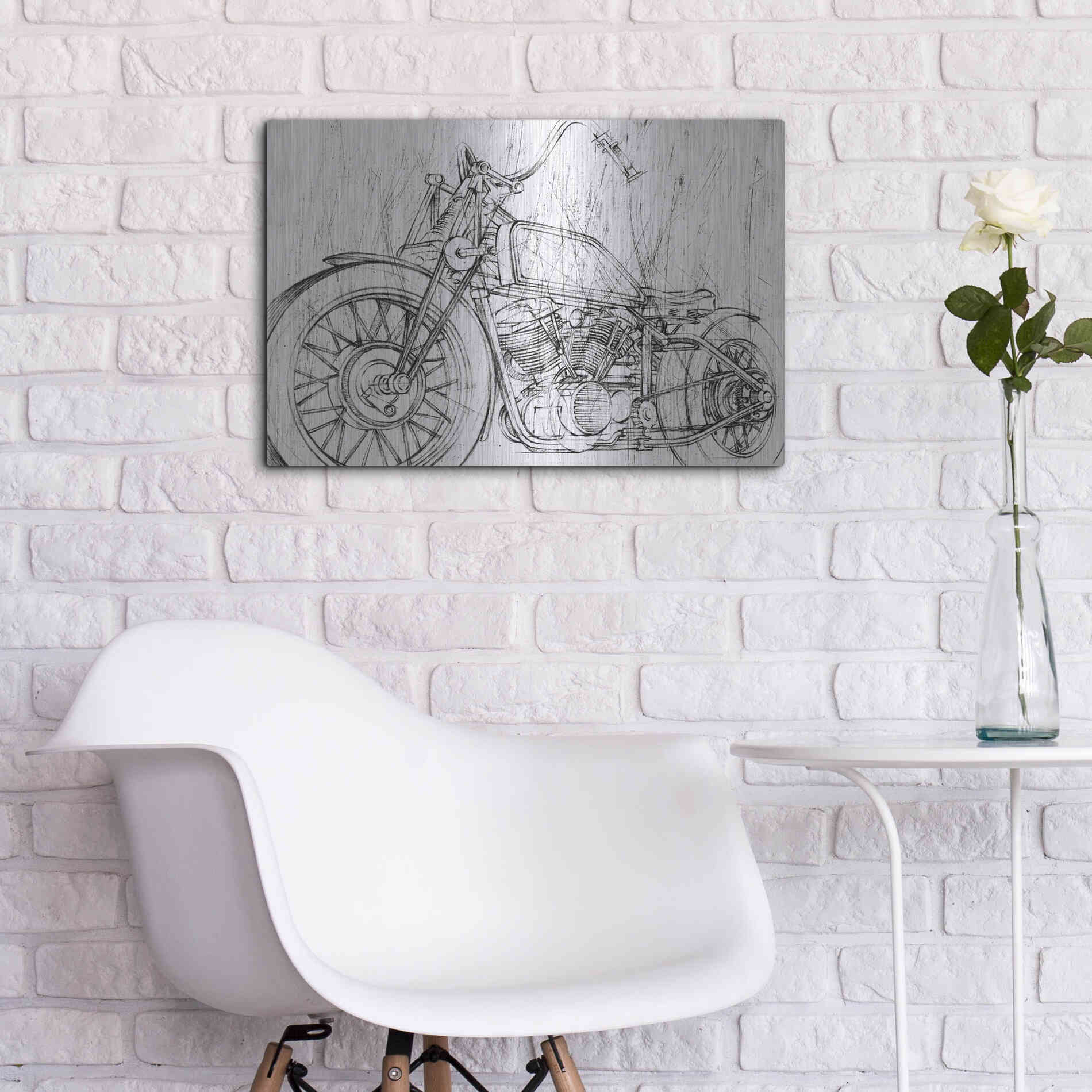 Luxe Metal Art 'Inverted Motorcycle Mechanical Sketch II' by Ethan Harper, Metal Wall Art,24x16