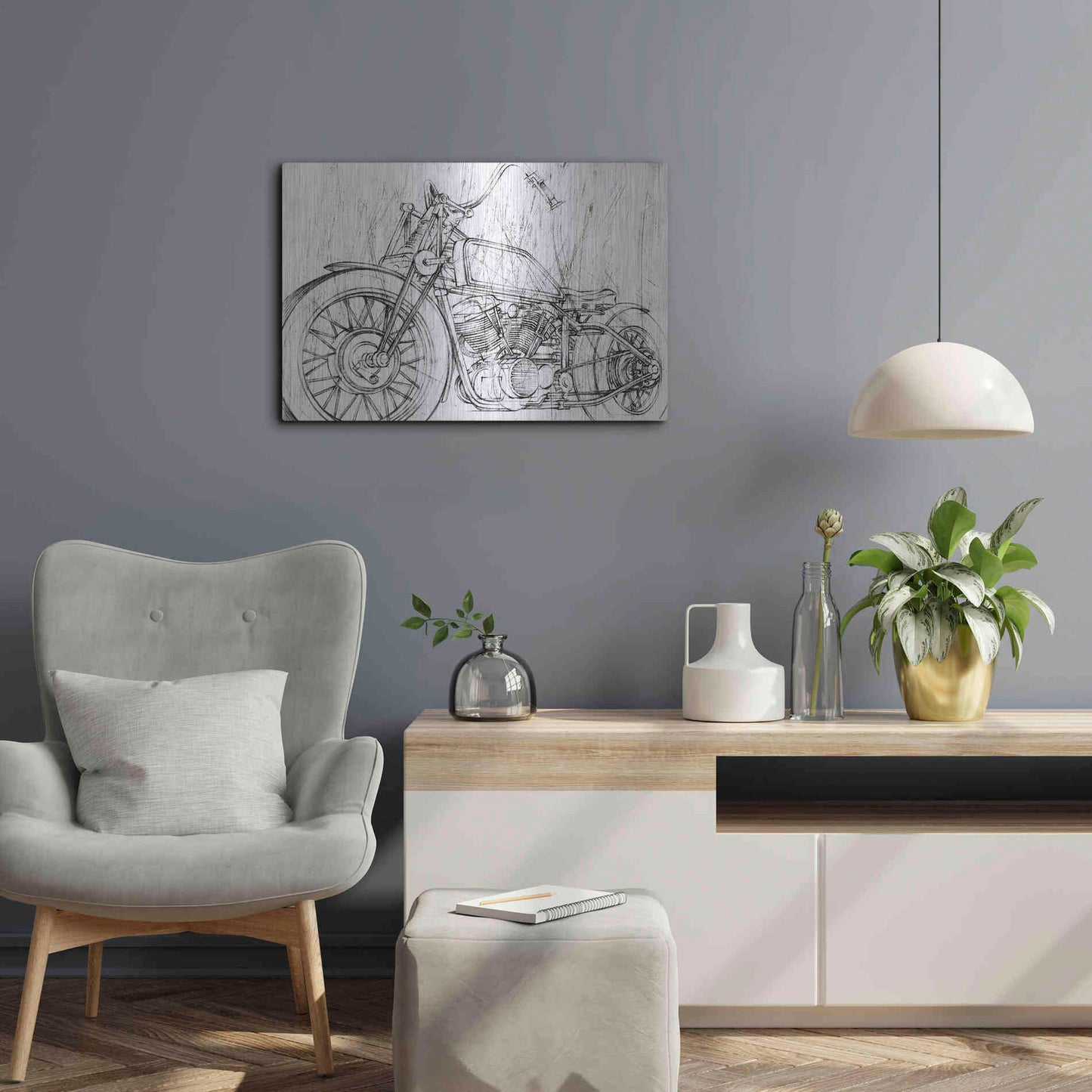 Luxe Metal Art 'Inverted Motorcycle Mechanical Sketch II' by Ethan Harper, Metal Wall Art,24x16