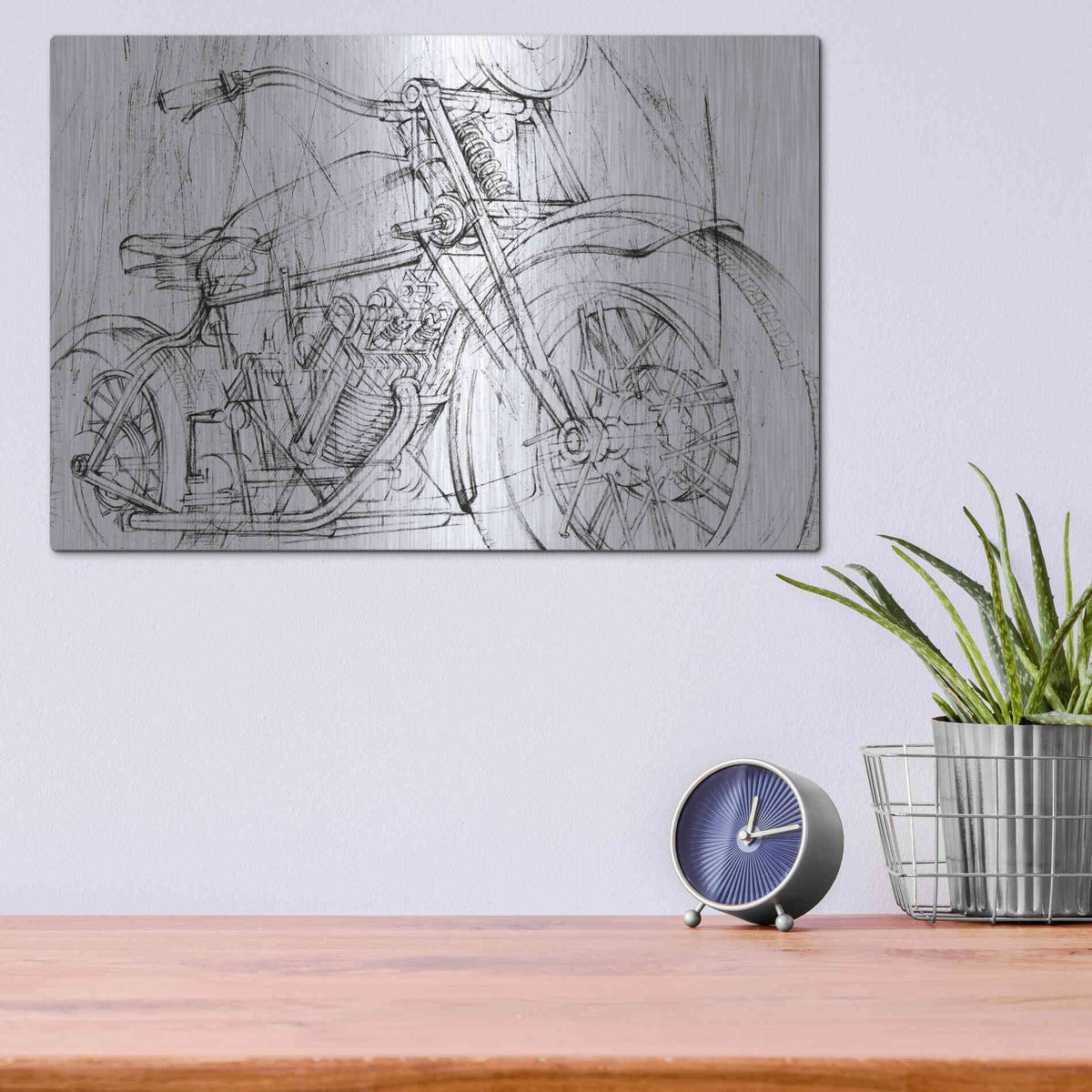 Luxe Metal Art 'Inverted Motorcycle Mechanical Sketch I' by Ethan Harper, Metal Wall Art,16x12
