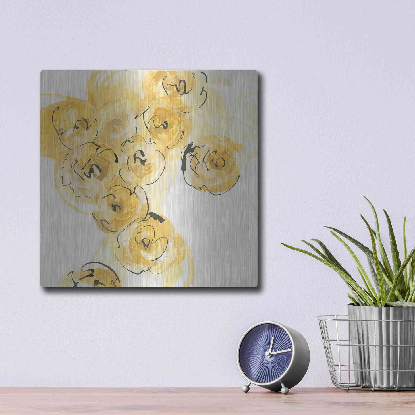Luxe Metal Art 'Yellow Roses Anew I' by Chris Paschke, Metal Wall Art,12x12