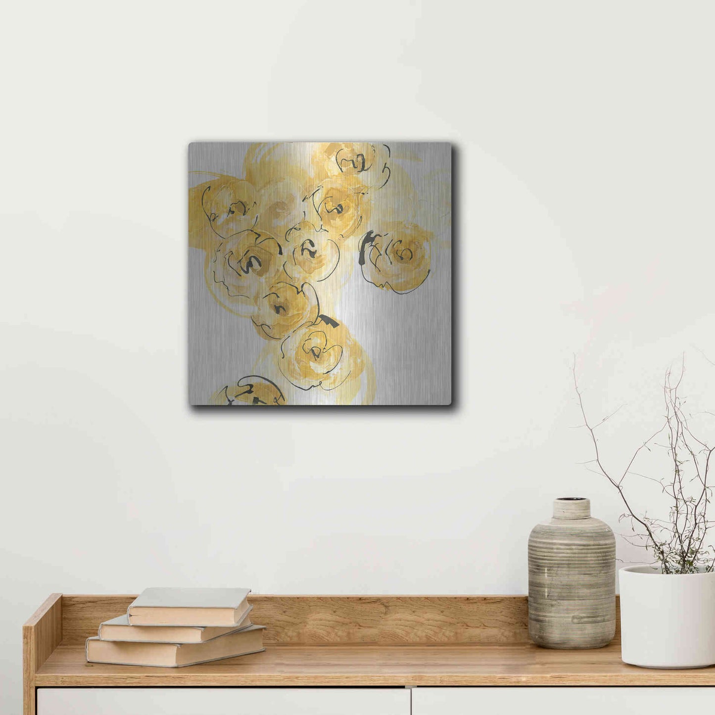 Luxe Metal Art 'Yellow Roses Anew I' by Chris Paschke, Metal Wall Art,12x12
