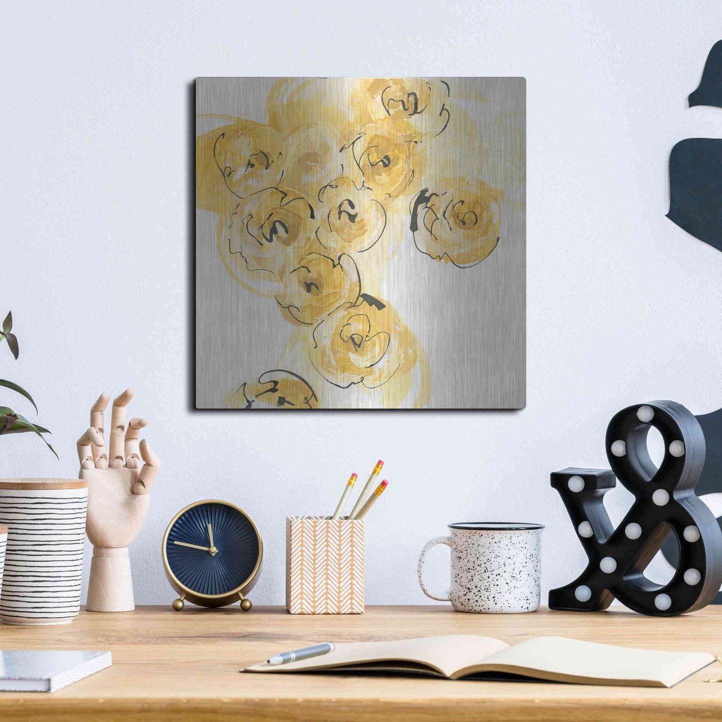 Luxe Metal Art 'Yellow Roses Anew I' by Chris Paschke, Metal Wall Art,12x12