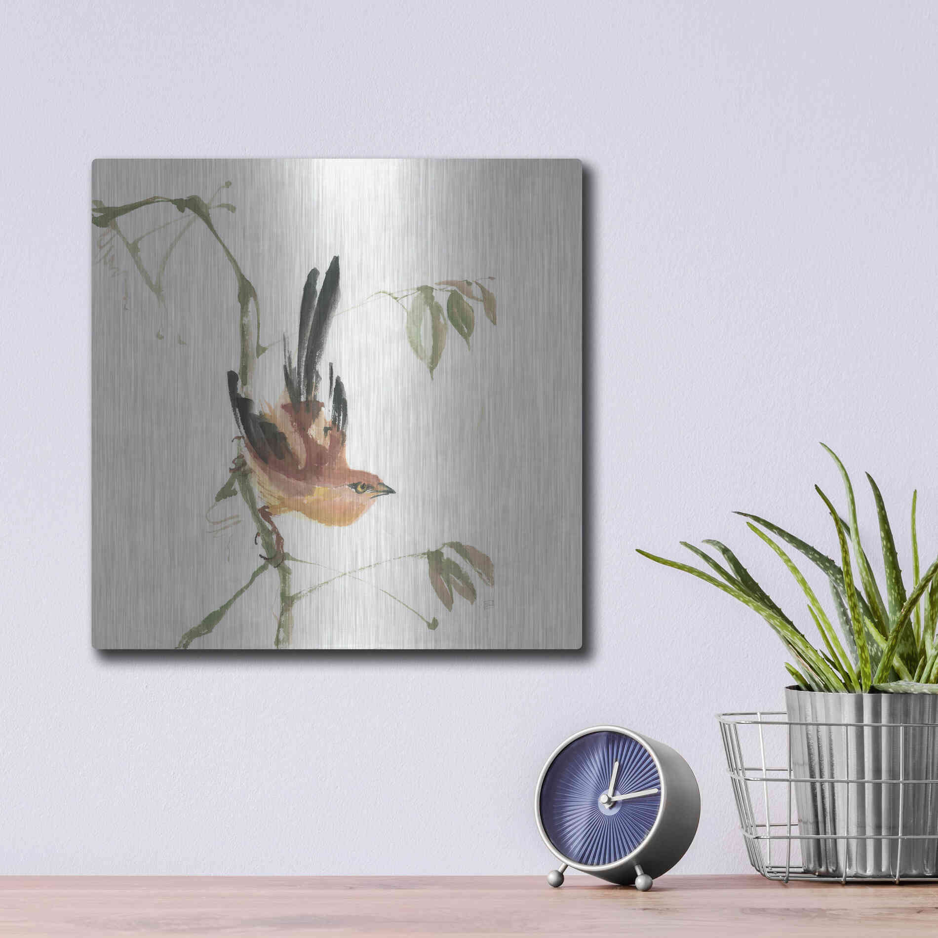 Luxe Metal Art 'Mountain Bush Warbler' by Chris Paschke, Metal Wall Art,12x12