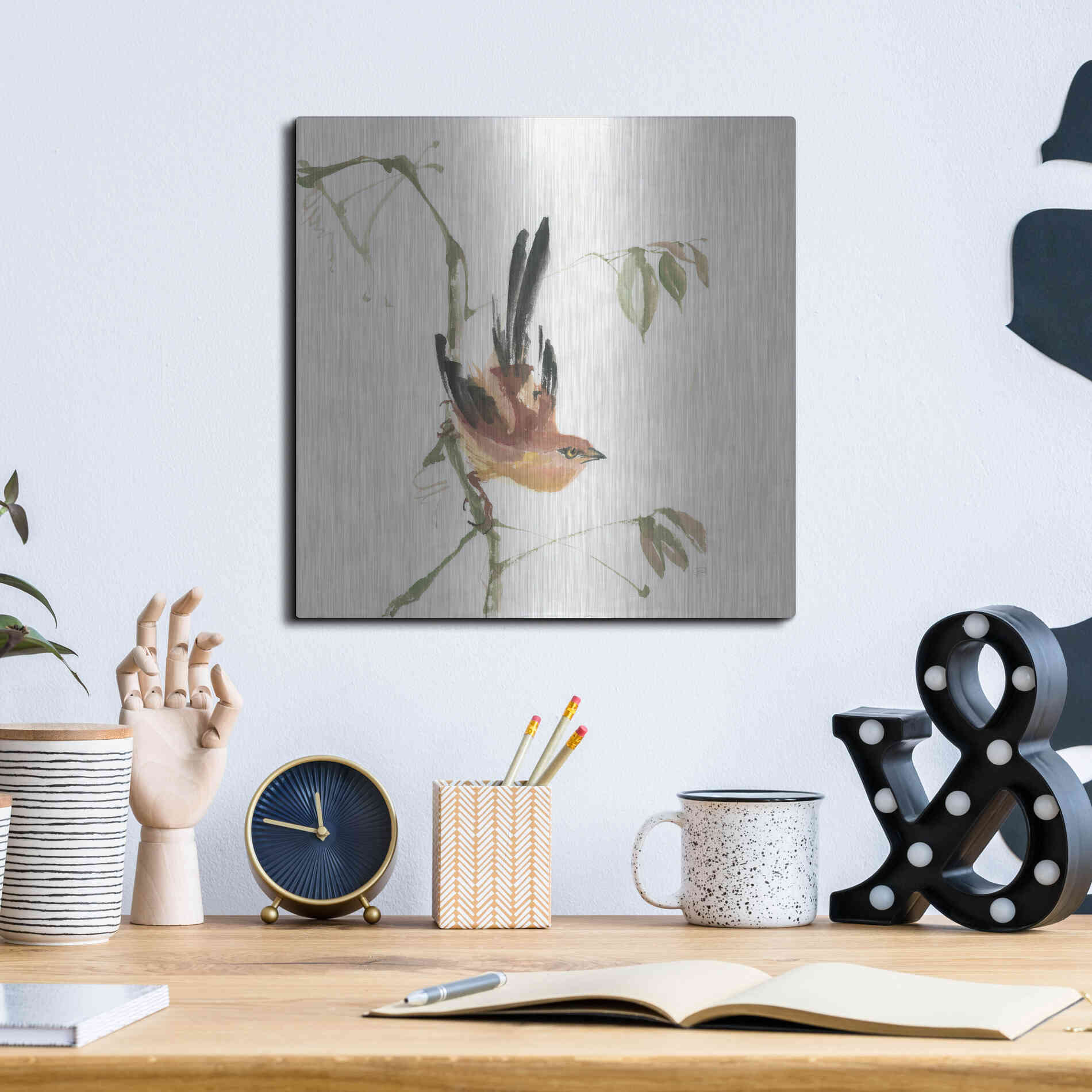 Luxe Metal Art 'Mountain Bush Warbler' by Chris Paschke, Metal Wall Art,12x12