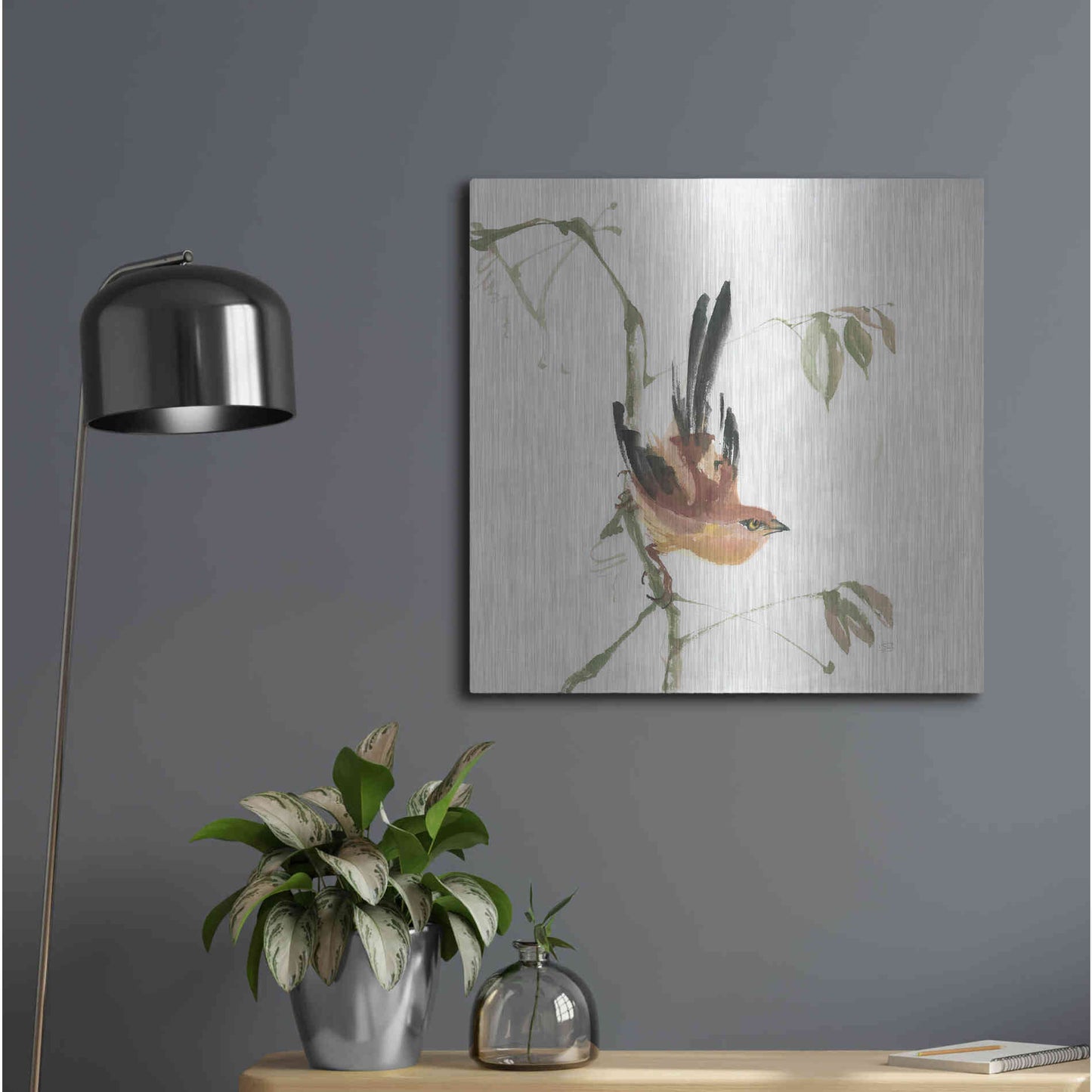 Luxe Metal Art 'Mountain Bush Warbler' by Chris Paschke, Metal Wall Art,24x24