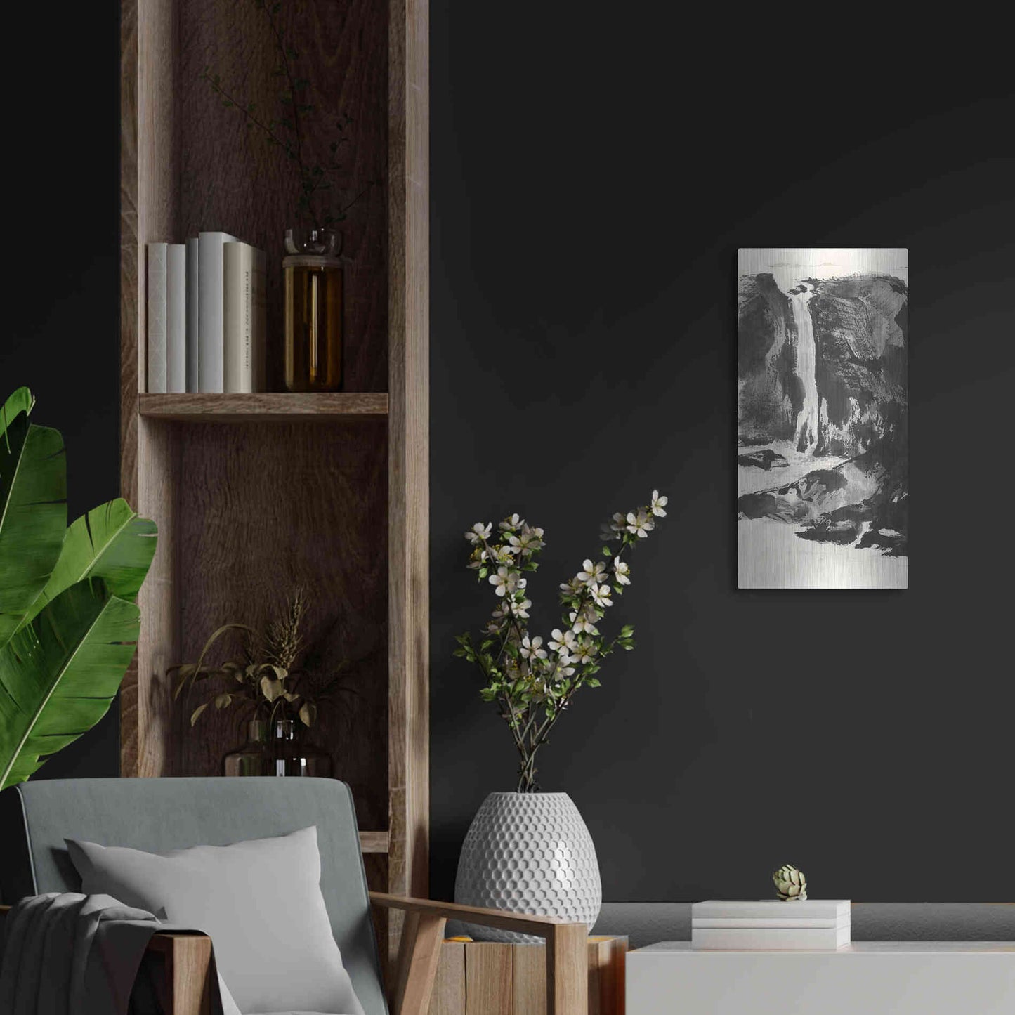 Luxe Metal Art 'Sumi Waterfall View I' by Chris Paschke, Metal Wall Art,12x24