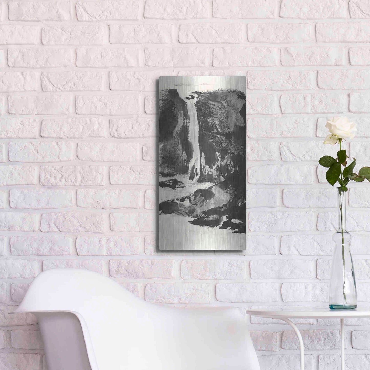 Luxe Metal Art 'Sumi Waterfall View I' by Chris Paschke, Metal Wall Art,12x24