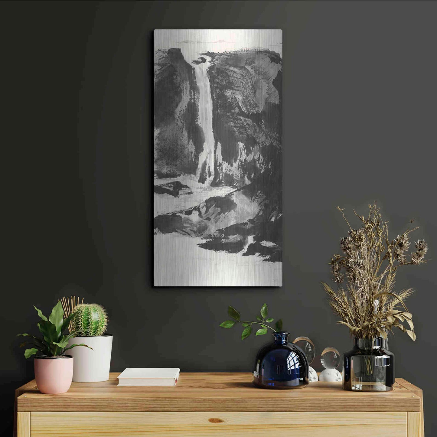 Luxe Metal Art 'Sumi Waterfall View I' by Chris Paschke, Metal Wall Art,12x24