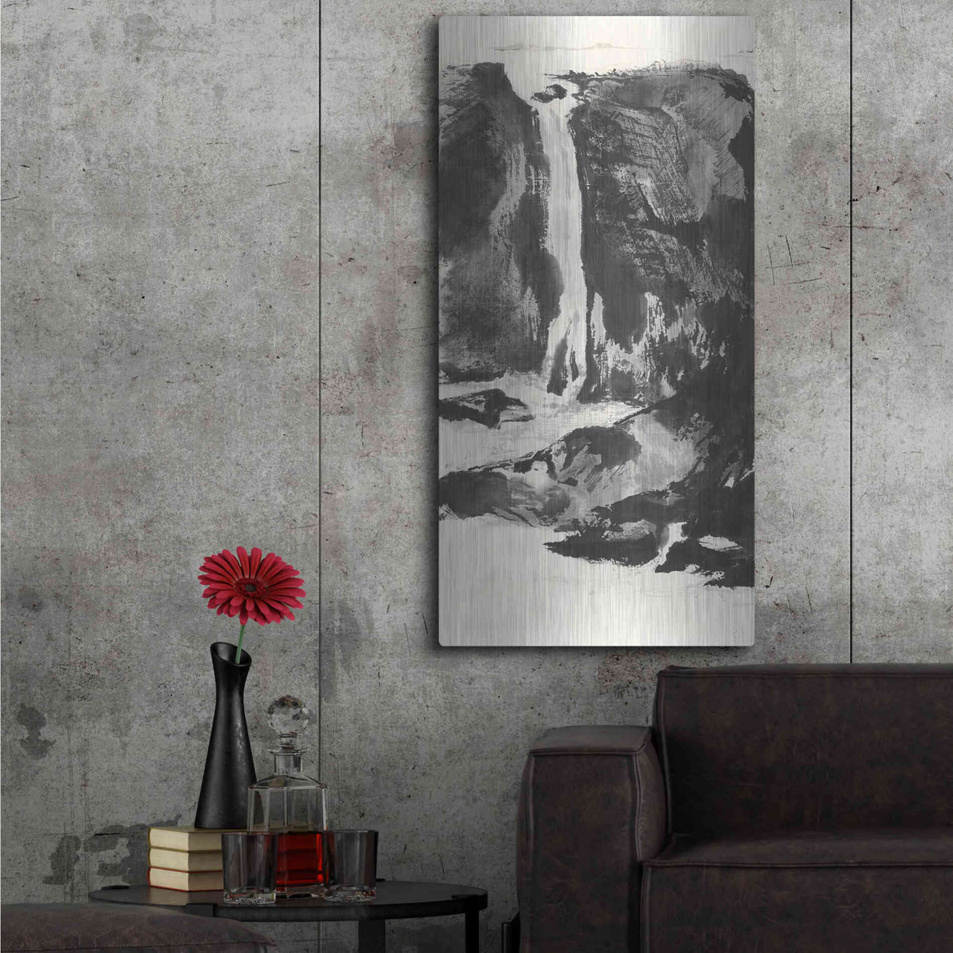 Luxe Metal Art 'Sumi Waterfall View I' by Chris Paschke, Metal Wall Art,24x48