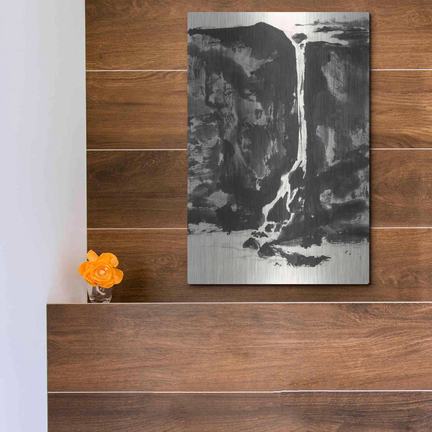 Luxe Metal Art 'Sumi Waterfall View II' by Chris Paschke, Metal Wall Art,12x16