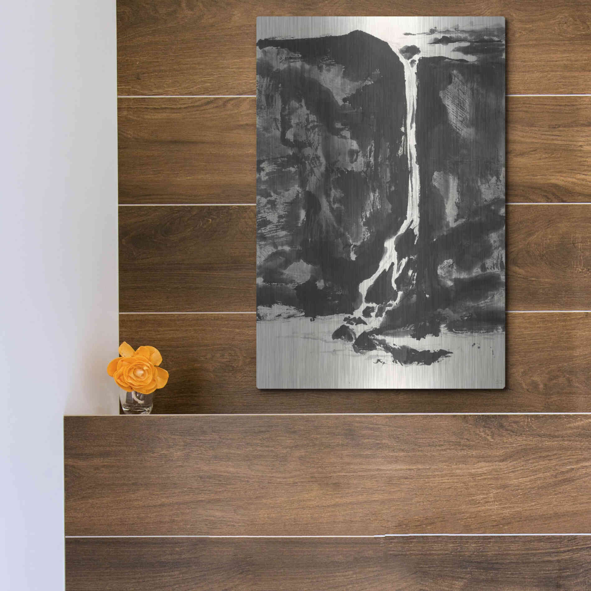 Luxe Metal Art 'Sumi Waterfall View II' by Chris Paschke, Metal Wall Art,12x16