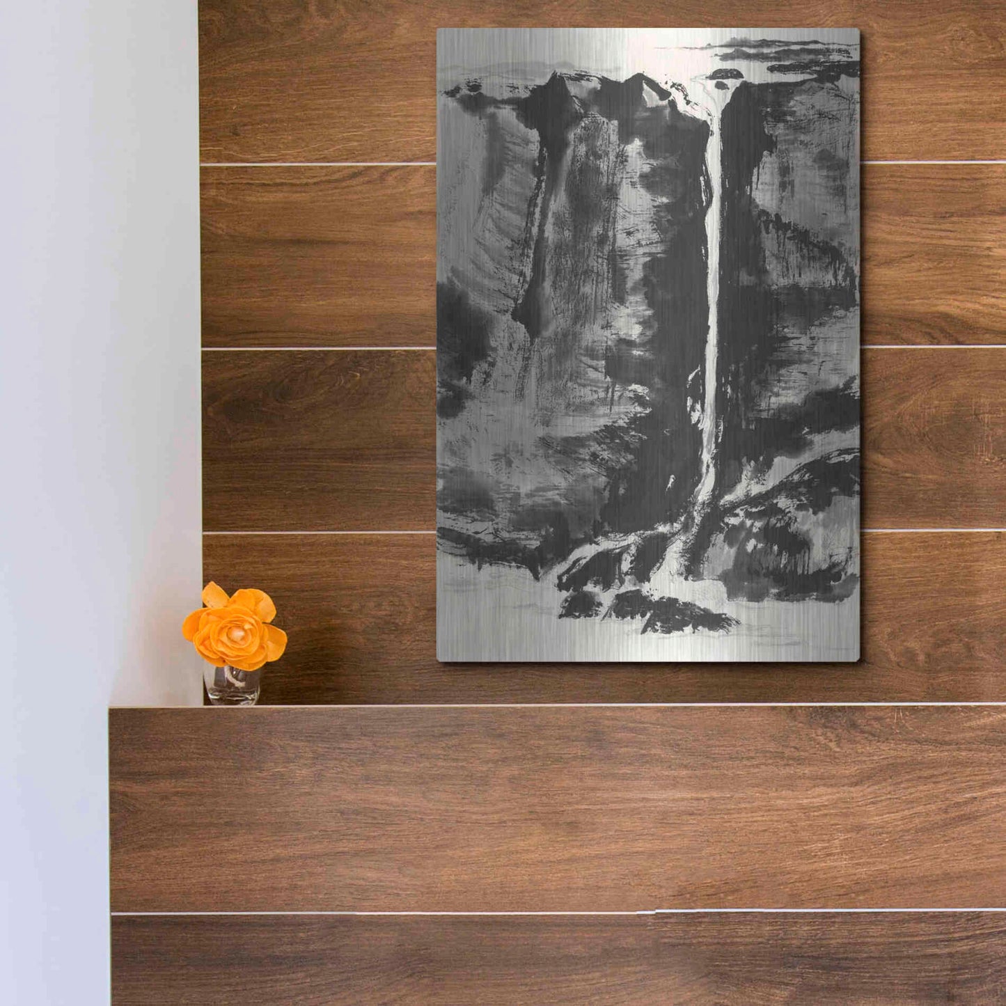 Luxe Metal Art 'Sumi Waterfall View III' by Chris Paschke, Metal Wall Art,12x16