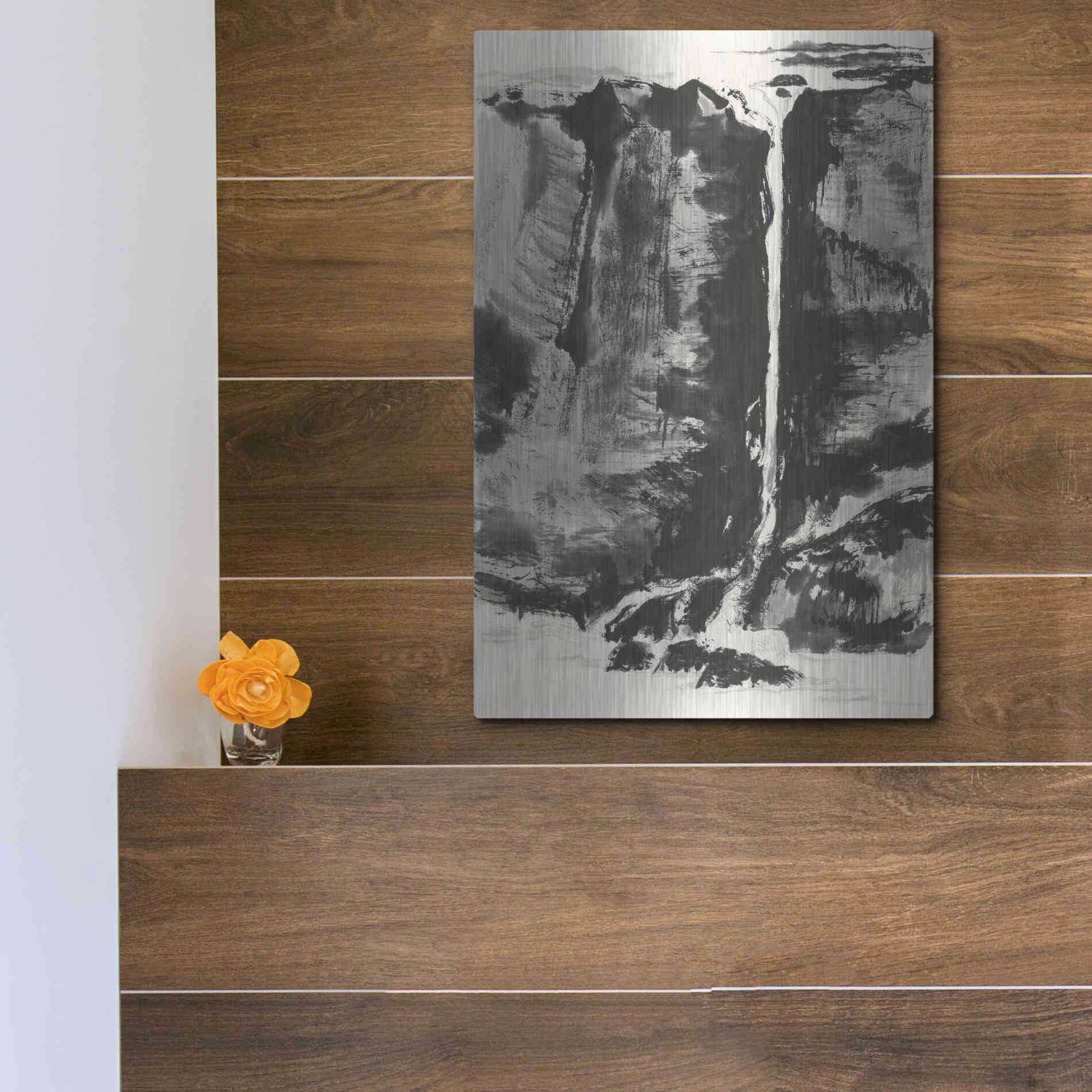 Luxe Metal Art 'Sumi Waterfall View III' by Chris Paschke, Metal Wall Art,12x16