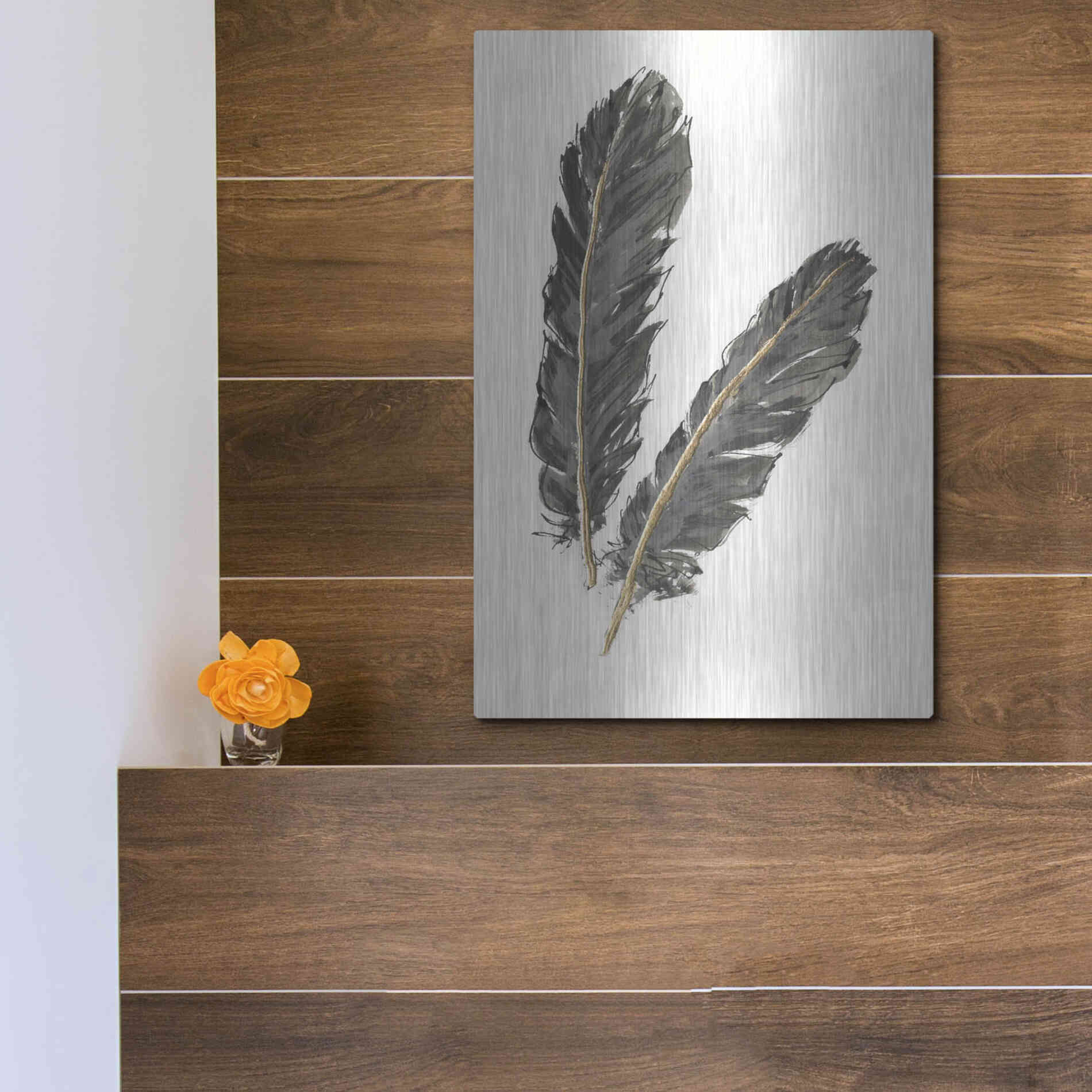 Luxe Metal Art 'Gold Feathers IV' by Chris Paschke, Metal Wall Art,12x16