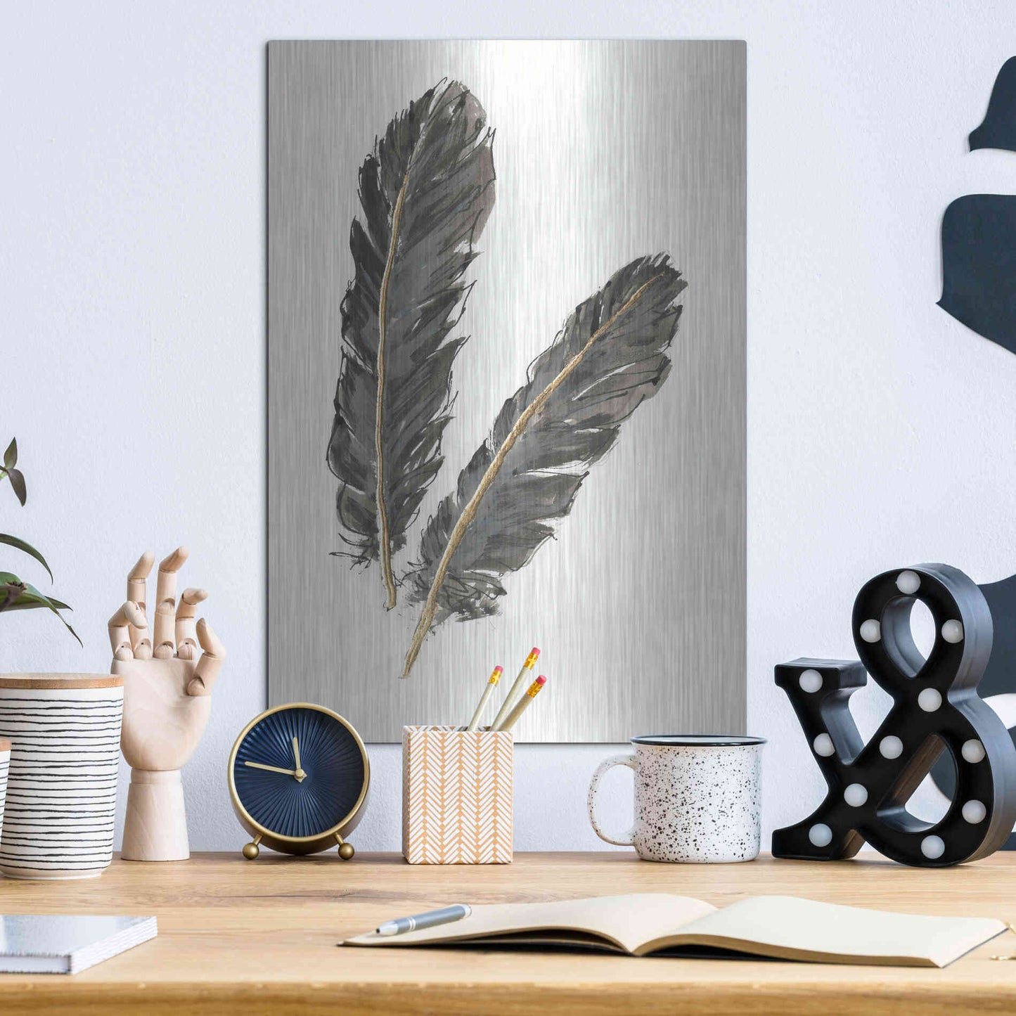 Luxe Metal Art 'Gold Feathers IV' by Chris Paschke, Metal Wall Art,12x16