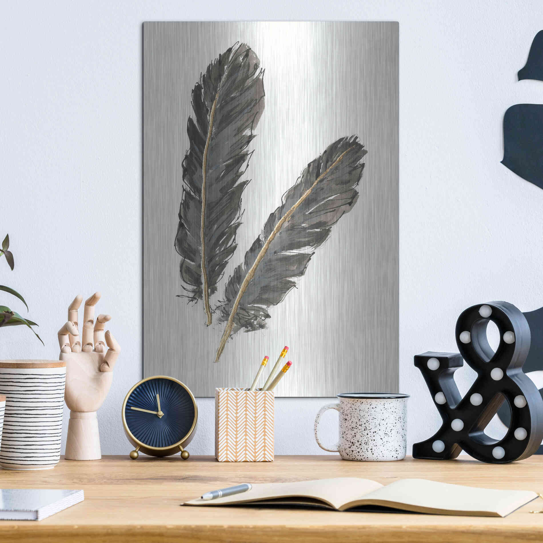 Luxe Metal Art 'Gold Feathers IV' by Chris Paschke, Metal Wall Art,12x16