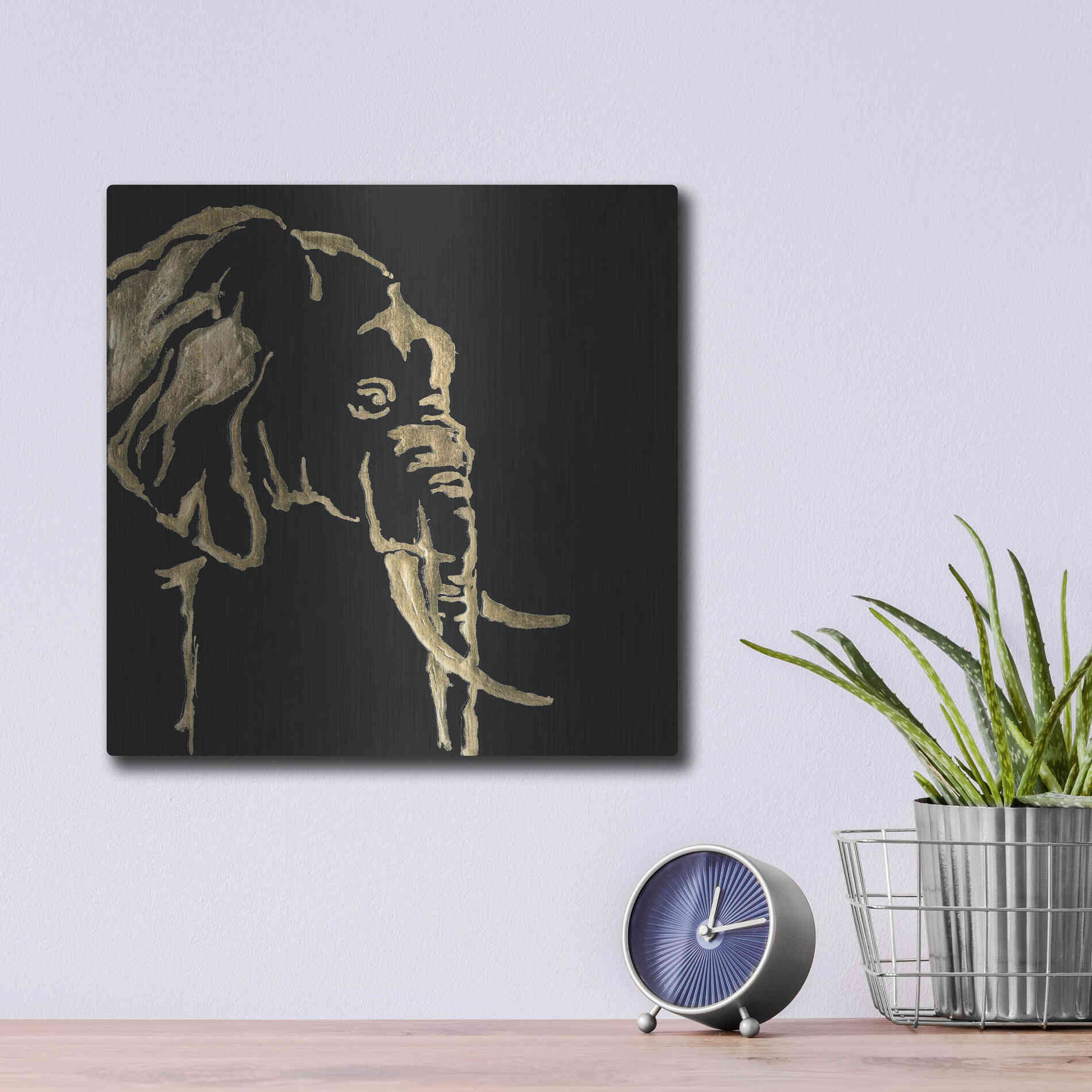 Luxe Metal Art 'Gilded Elephant on Black Pillow' by Chris Paschke, Metal Wall Art,12x12