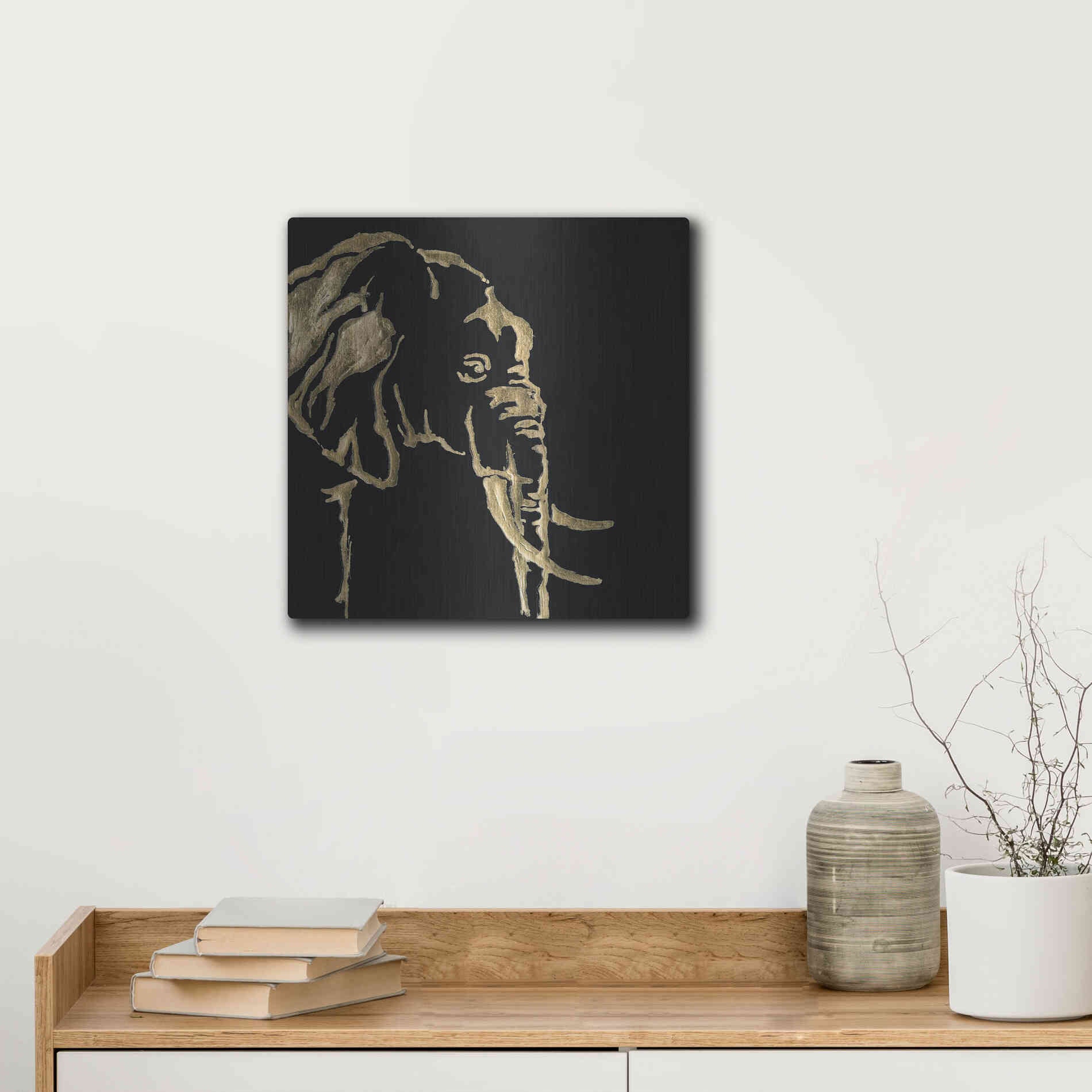 Luxe Metal Art 'Gilded Elephant on Black Pillow' by Chris Paschke, Metal Wall Art,12x12