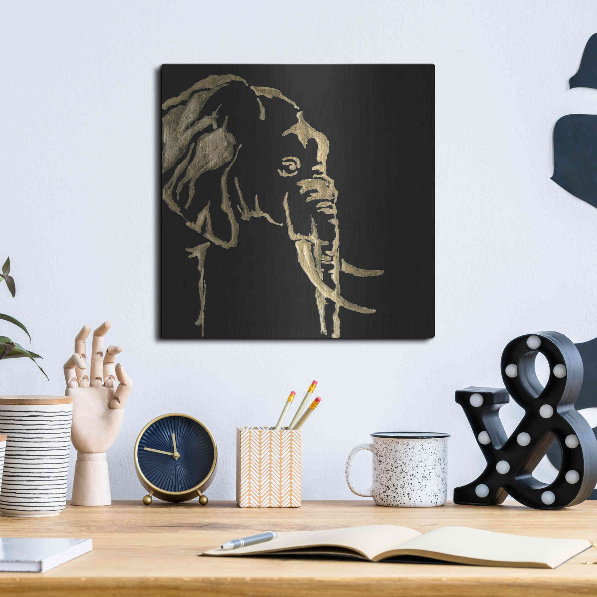 Luxe Metal Art 'Gilded Elephant on Black Pillow' by Chris Paschke, Metal Wall Art,12x12